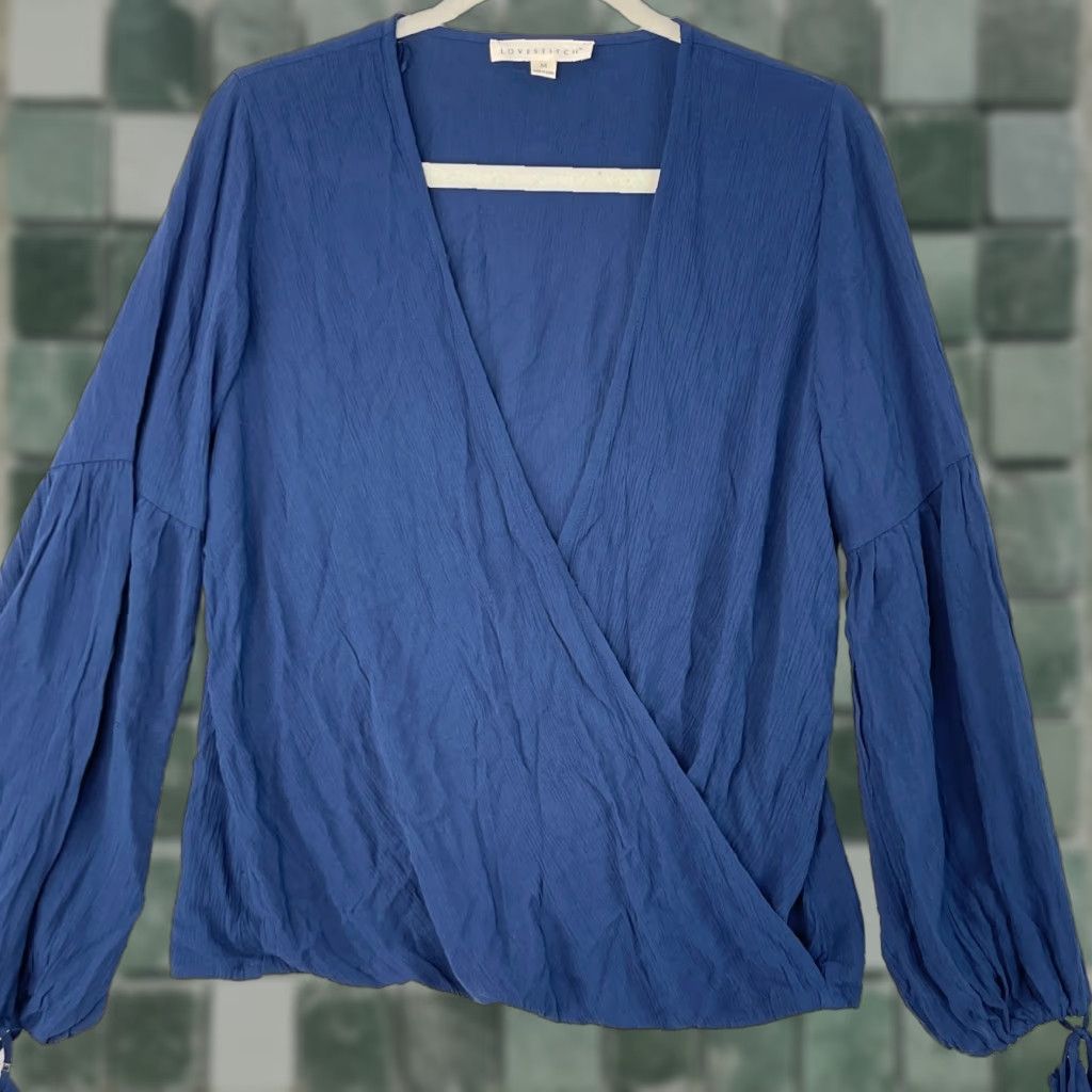 Vintage Lovestitch Navy Blue Crepe Wrap Shirt Womens Medium Long Sleeve Tassel V-Neck Blouse Size M / US 6-8 / IT 42-44 - 1 Thumbnail