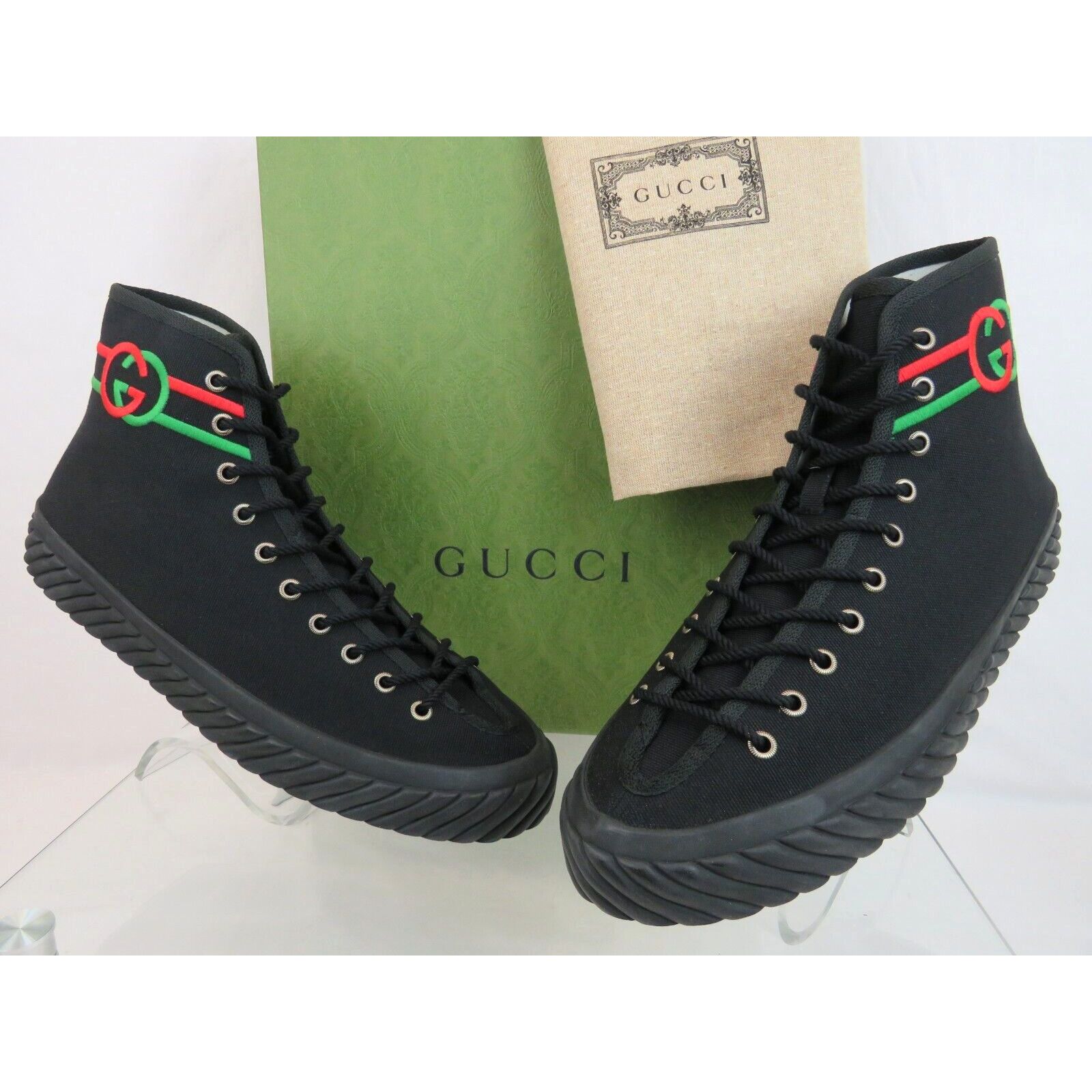 GUCCI 703033 BLACK CANVAS RED GREEN GG LOGO HIGH TOP SNEAKERS 9.5 / US 10.5 Gucci 703033 BLACK CANVAS RED GREEN GG LOGO SNEAKERS 9.5  main image 3