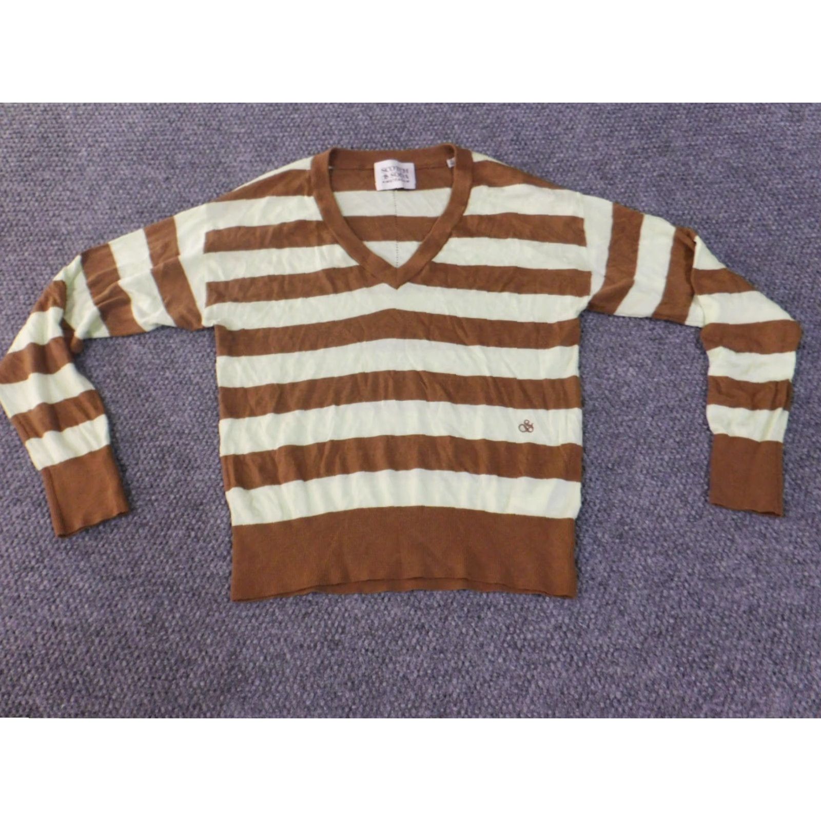 Scotch & Soda Scotch & Soda Sweater Women S Brown Green Striped V-Neck Pullover Knit Long Sleeve Lightweight Vintage: No Size S / US 4 / IT 40 - 4 Thumbnail