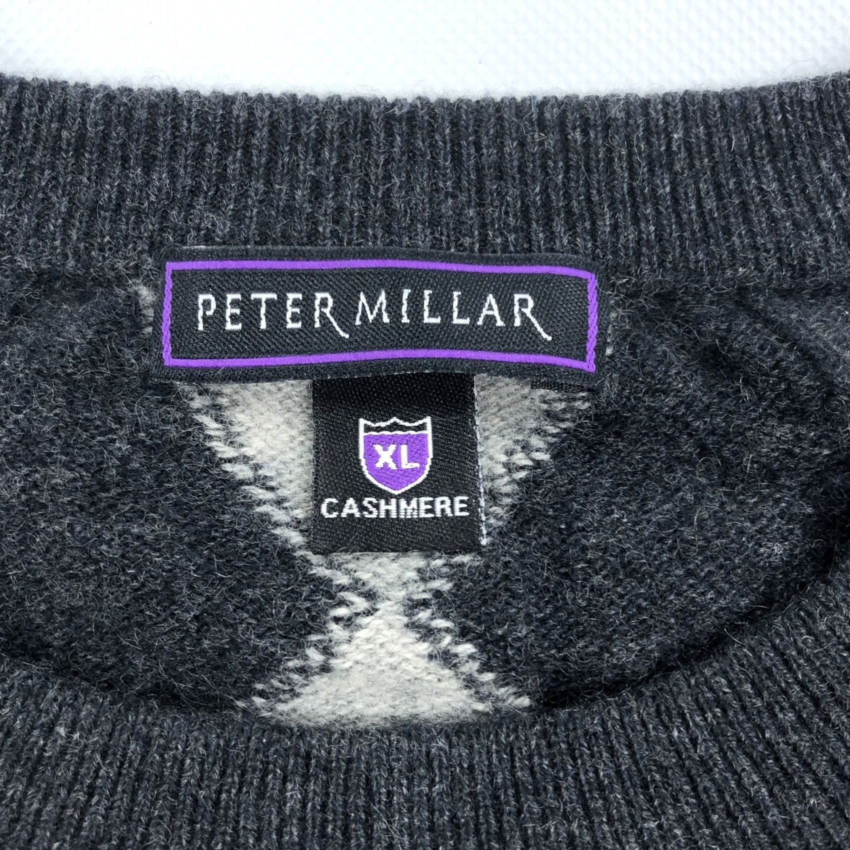 Peter Millar Peter Millar Men's XL Cashmere Argyle Cable Knit Sweater Grey Black Pullover Crew Neck Ribbed Trim Autumn Winter Spring Modern Preppy Casual Everyday Size US XL / EU 56 / 4 - 3 Thumbnail