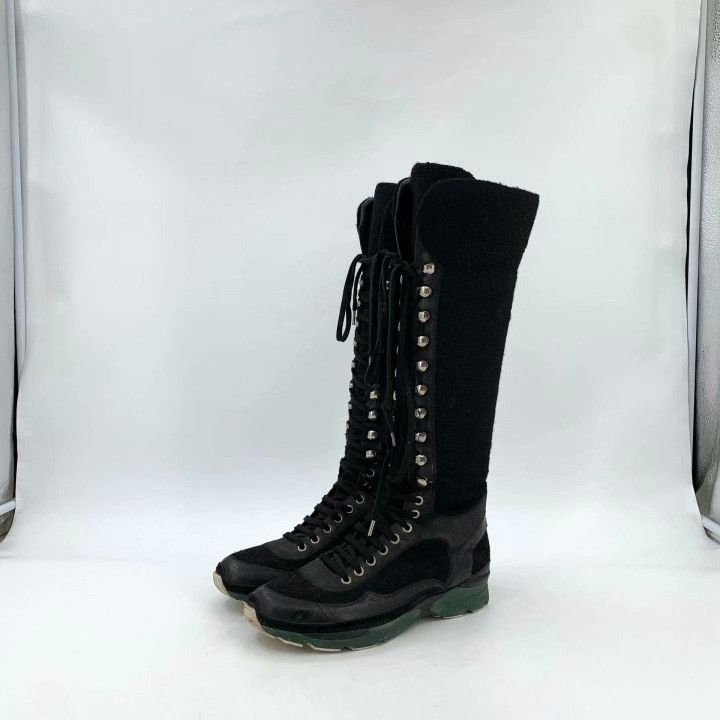 Chanel Chanel Black Lace-Up Sporty Knee-High Boots Size US 7 / IT 37 - 1 Thumbnail