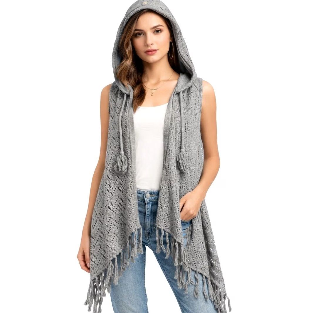 Decree DECREE Gray Crochet Knit Hooded Fringe Vest Cardigan Women's M Mango? Size M / US 6-8 / IT 42-44 - 2 Thumbnail