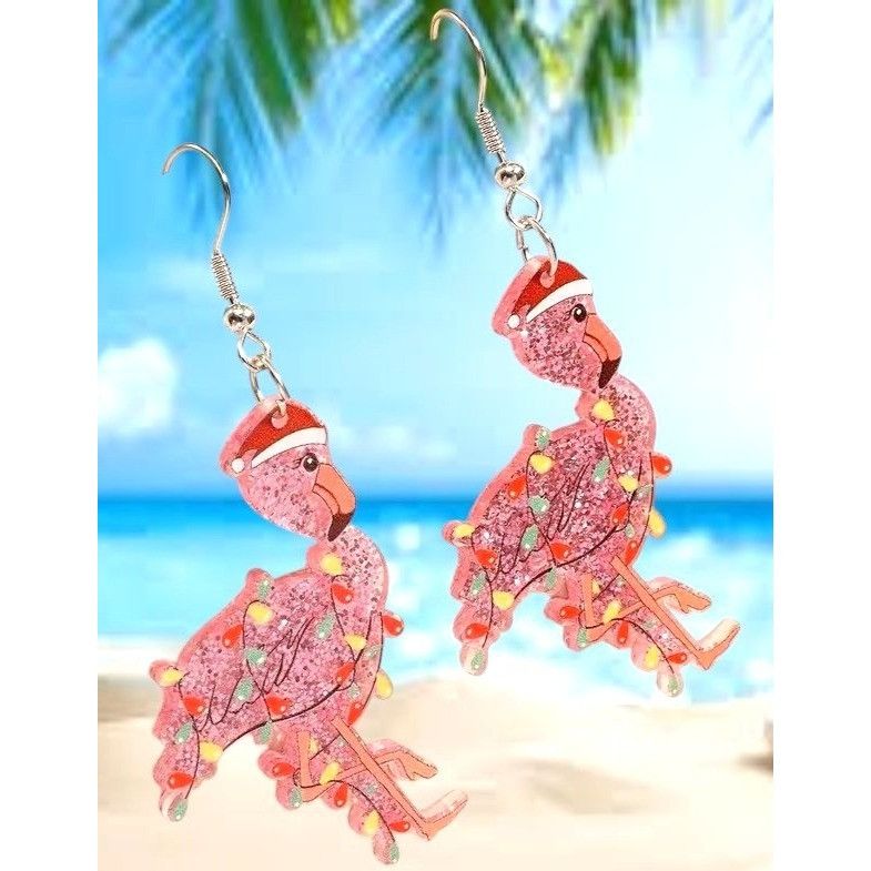 Handmade Christmas Flamingo Earrings New Santa Hat Holiday Lights Gli Size ONE SIZE - 3 Thumbnail