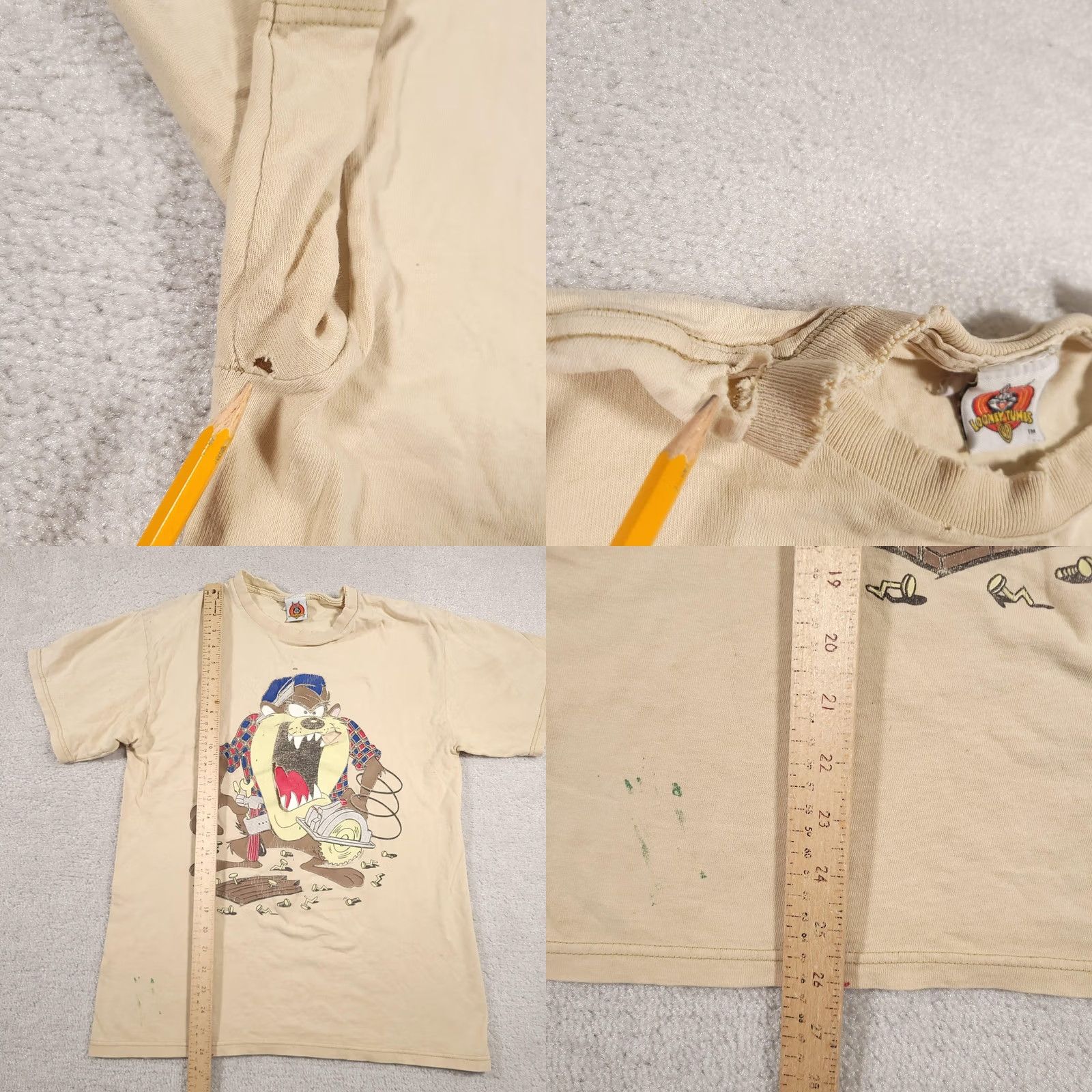 Vintage VINTAGE Looney Tunes Taz Shirt Mens Medium Beige 90s Cartoon Carpenter Saw Graphic Print Distressed Mens T-Shirt Size US M / EU 48-50 / 2 - 10 Thumbnail