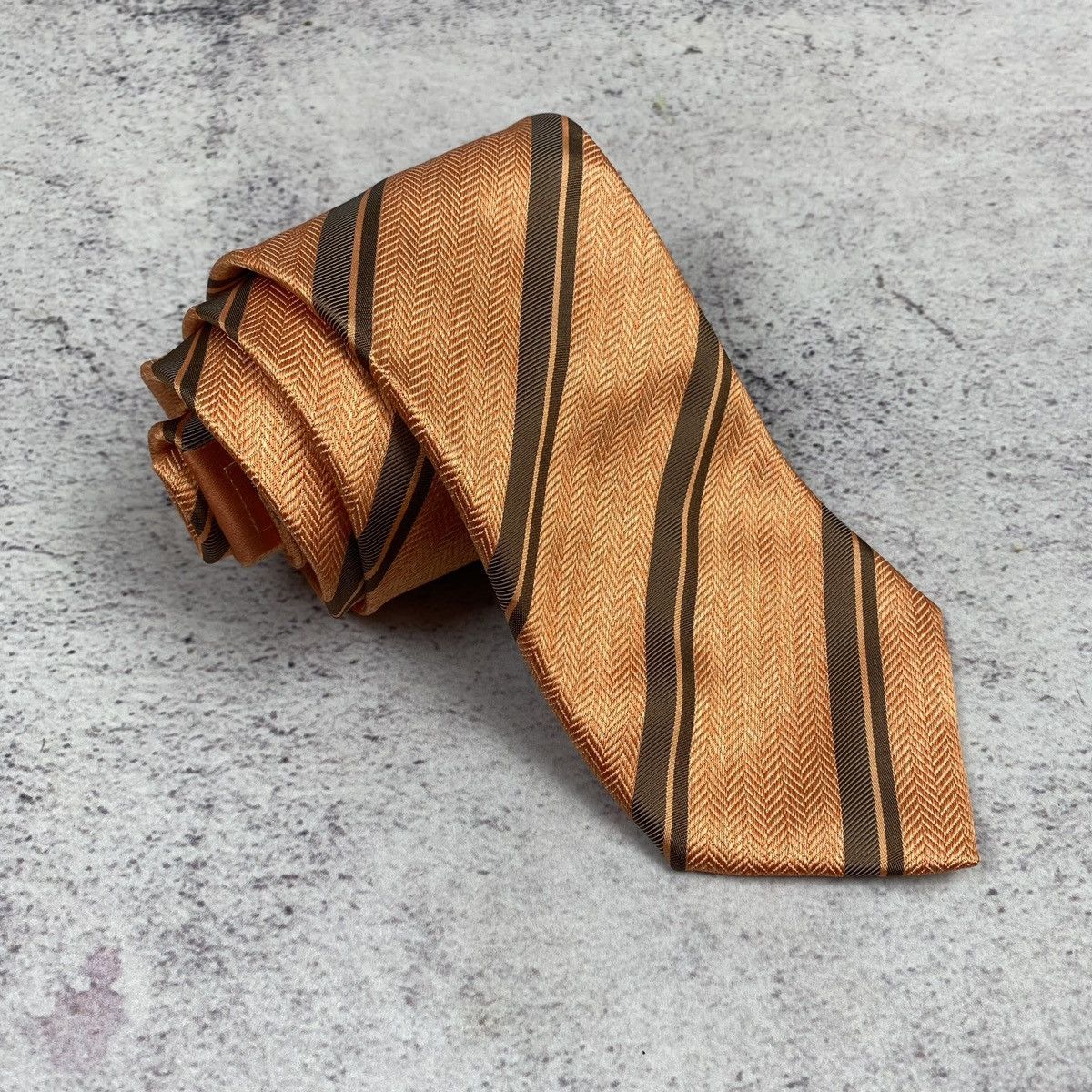 ITALO FERRETTI Men’s Tie Pure Silk Orange Brown Striped