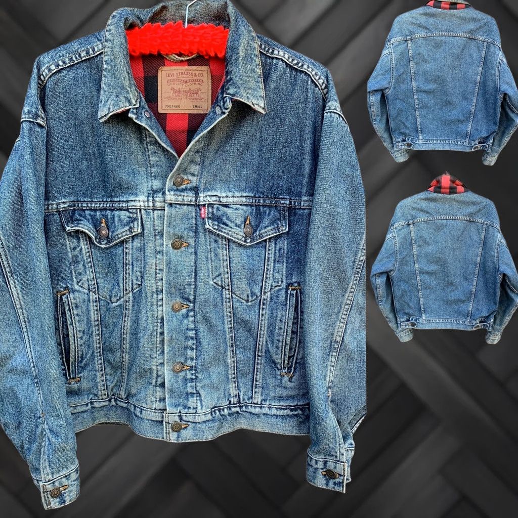 Levi's VINTAGE Levi's Denim Jacket Buffalo Plaid Lined Made In USA Cowboy Core Trucker S Mens Jacket Wide Western 70417-4891 Blue Denim Cotton Lined Vintage Size US S / EU 44-46 / 1 - 1 Thumbnail