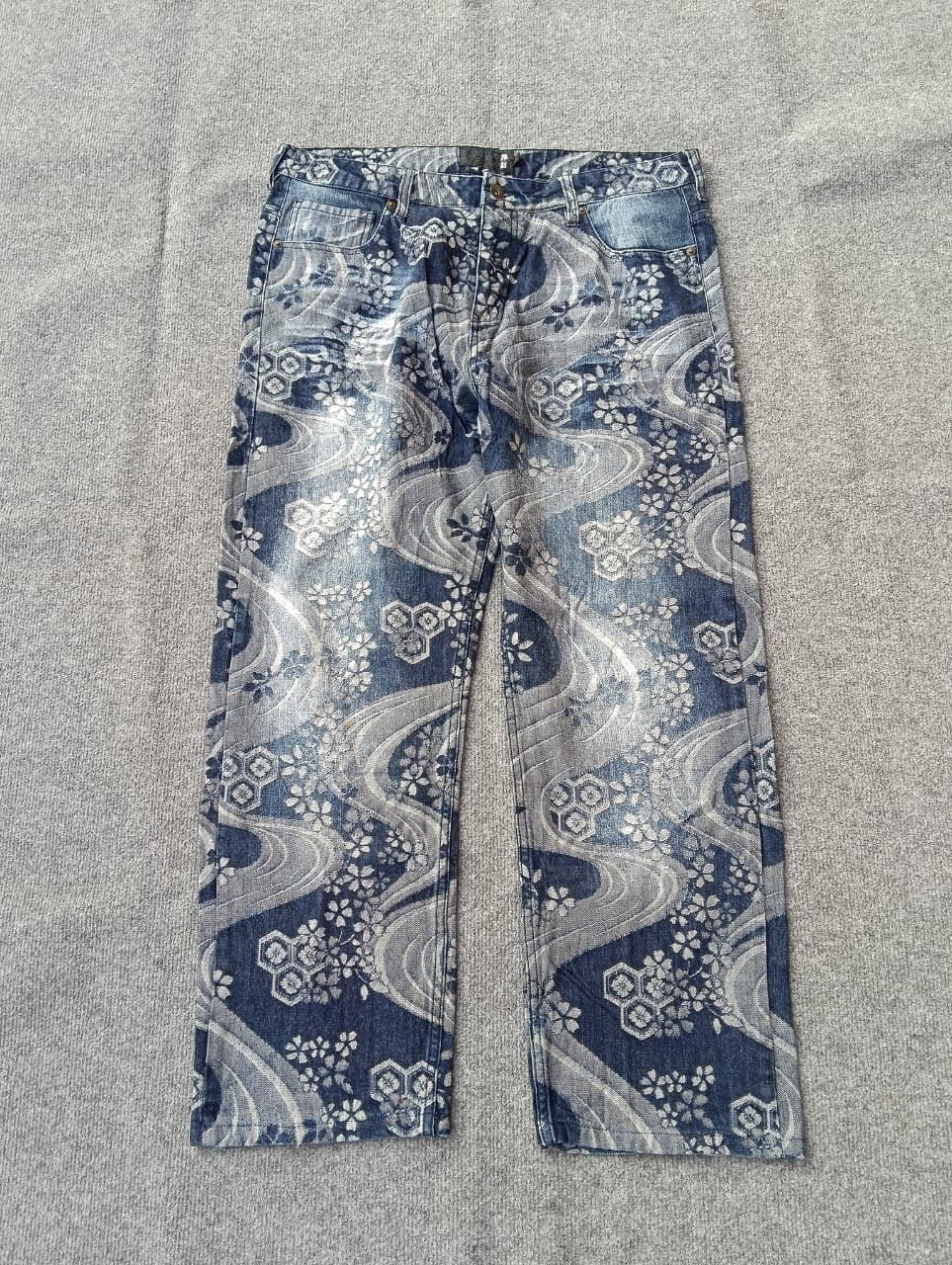 Karakuri Tamashii YASHI MU Japanese Jacquard Woven Kimono Print Denim Jeans Size US 35 - 2 Thumbnail