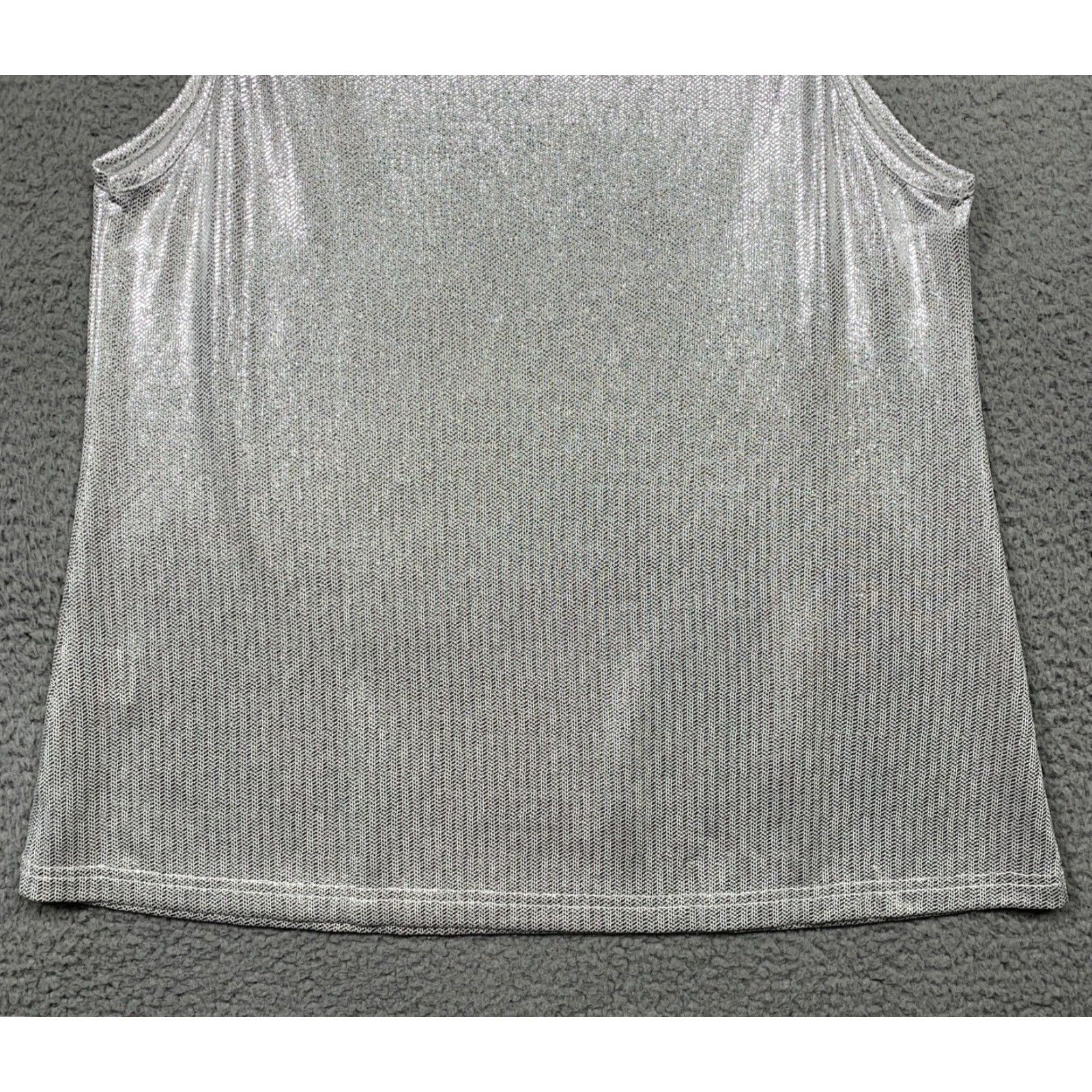 Vintage Allegra K Top Women's M White Silver Shiny 1 Button Closure Machine Washable Tank Blended Polyester Spandex Size M / US 6-8 / IT 42-44 - 7 Thumbnail
