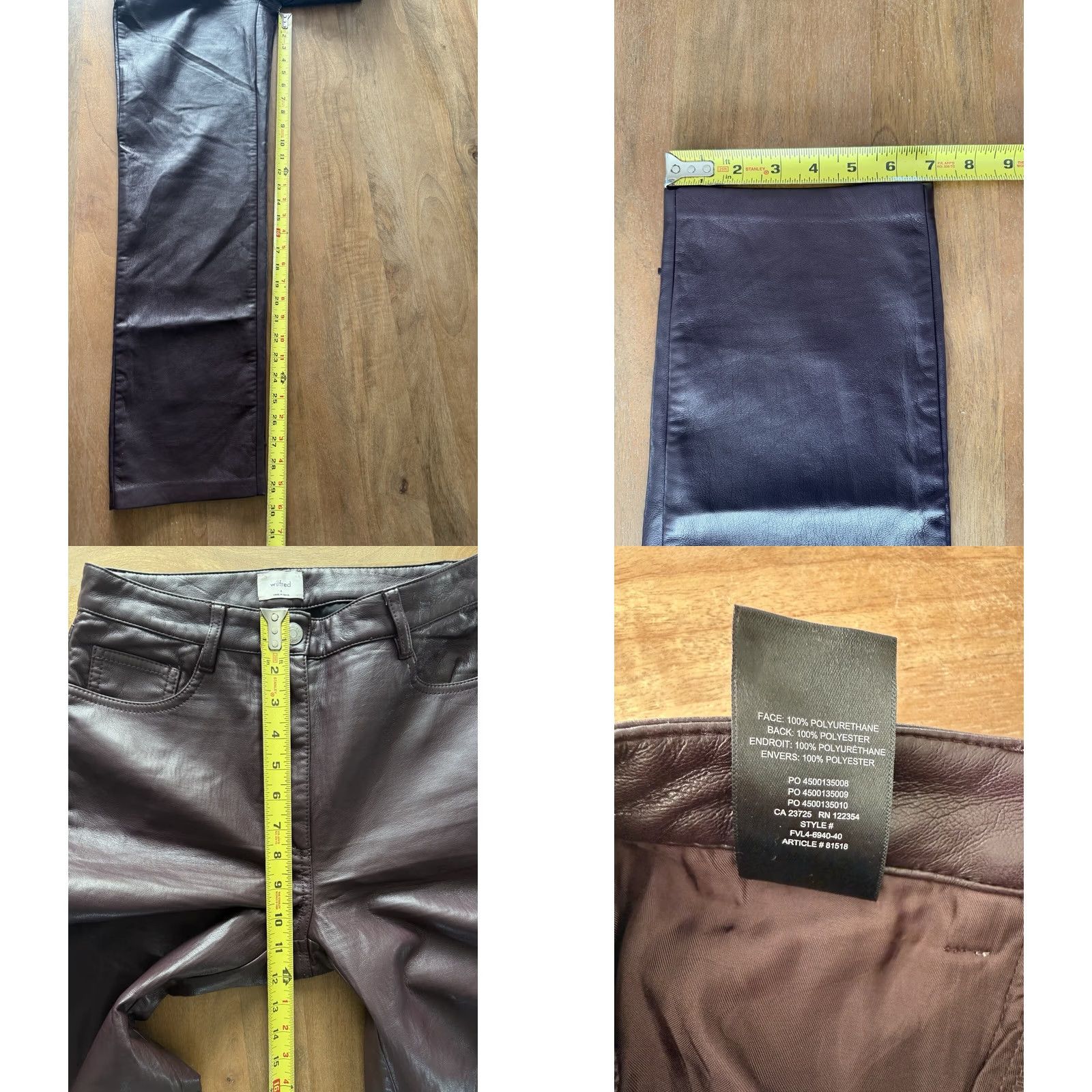 Vintage Wilfred Burgundy Faux Leather Pants Women’s 4 High-Waisted 27x29 Flat Front Zipper Pocket 90s Punk Grunge 29" Inseam Womens Size 27" / US 4 / IT 40 - 8 Thumbnail