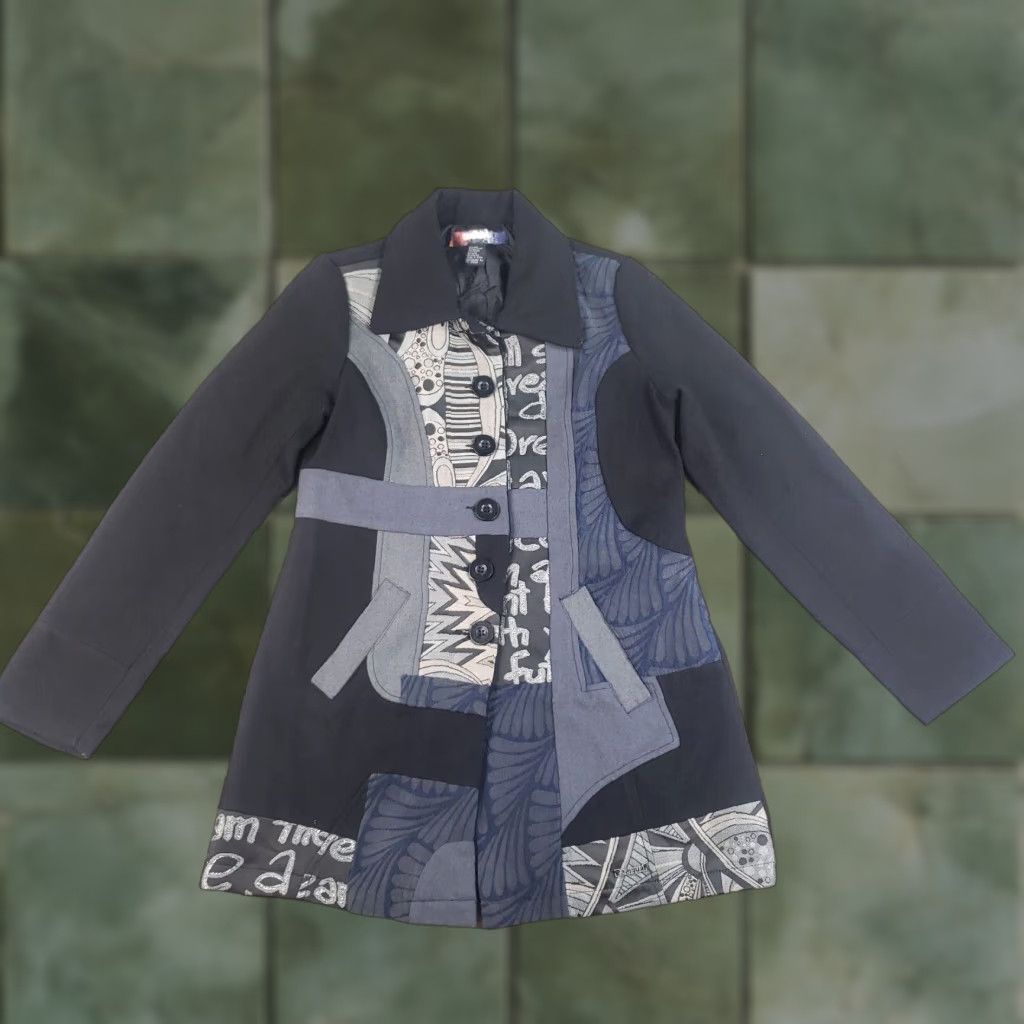 VINTAGE Desigual Jacket Womens Size S Black Wool Blend Button Designer Mid-Length