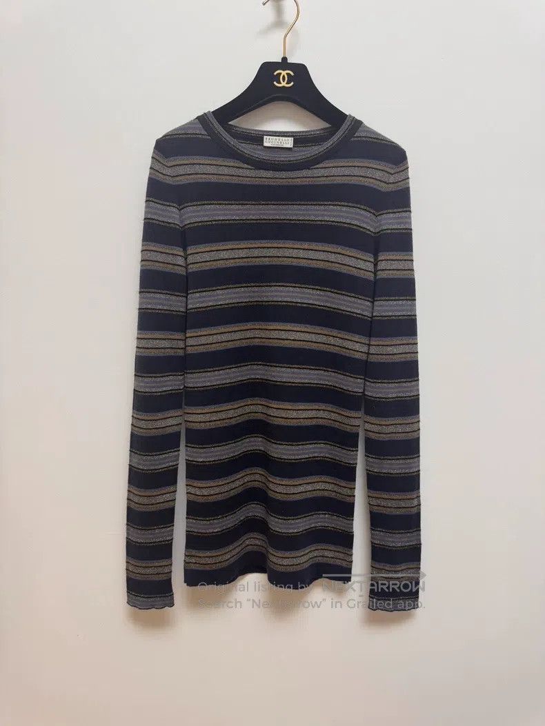 Brunello Cucinelli Striped Gold Thread Wool Knit Top