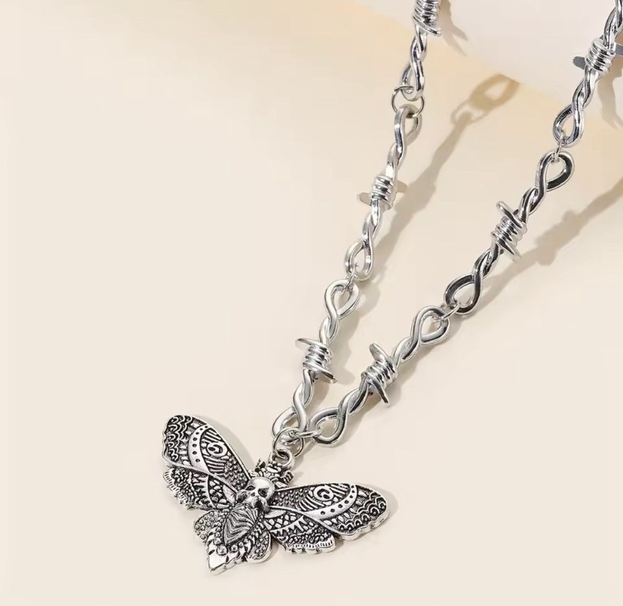 Jewelry Chrome Necklace Spike Post Barb Wire Punk Butterfly Chain Size ONE SIZE - 4 Thumbnail