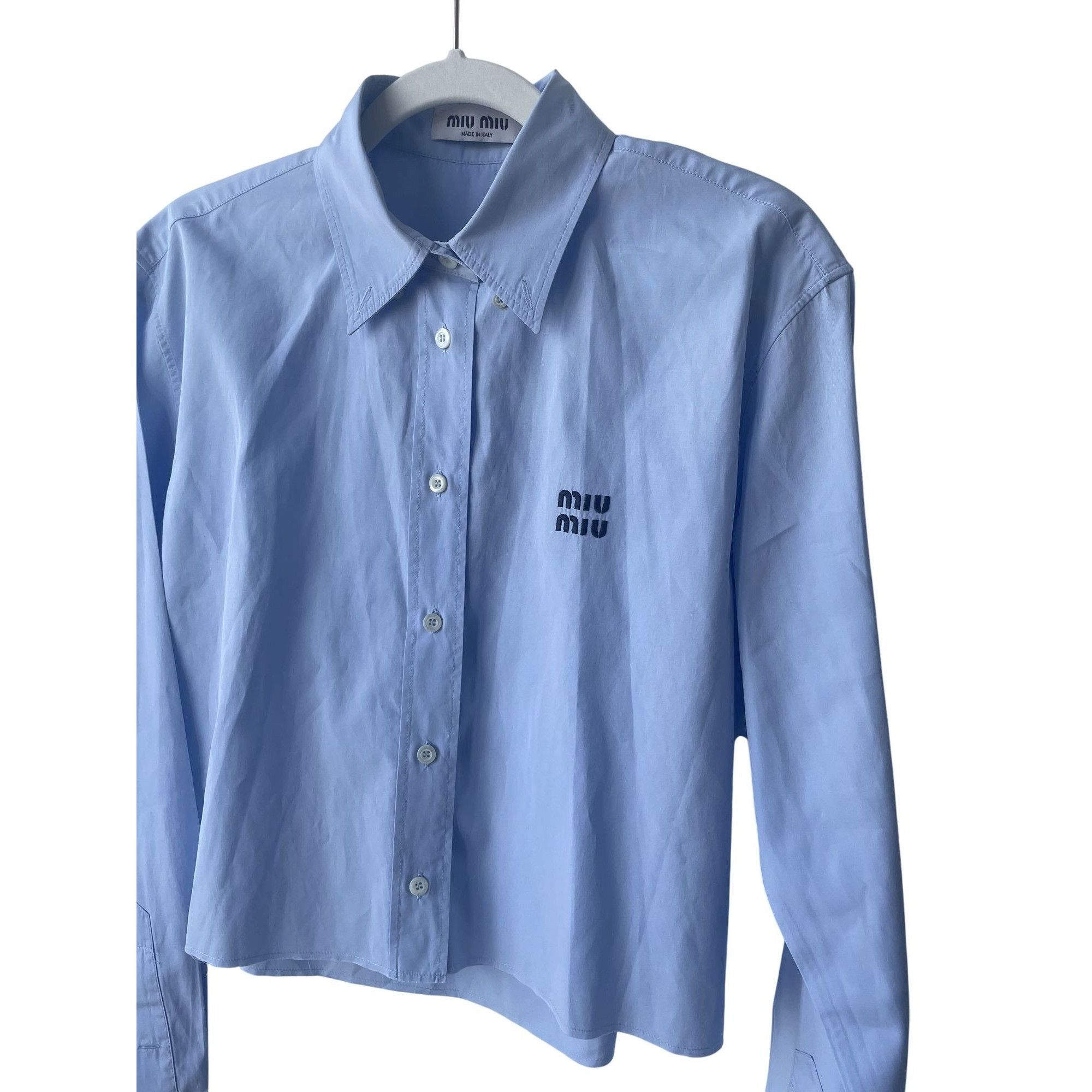 Miu Miu Miu Miu Light Blue Cotton Womens Cropped Button-Up Shirt Wit Size M / US 6-8 / IT 42-44 - 3 Thumbnail