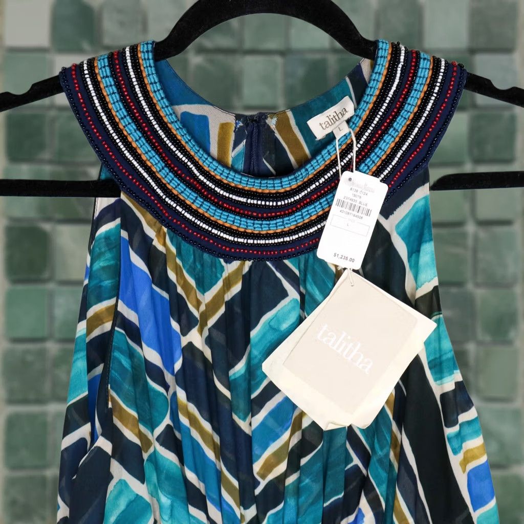 Vintage Talitha Maxi Dress Large Sleeveless Halter Painted Print Handkerchief Hem Blue Dress Womens Large Halter Beach Pattern Casual Party/Cocktail Blue Size L / US 10 / IT 46 - 1 Thumbnail