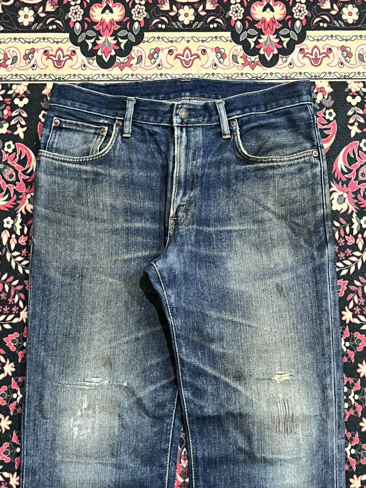 Edwin Edwin 503 Dark Blue Faded Washed Repaired Knee Straight Jean Size US 31 - 4 Thumbnail