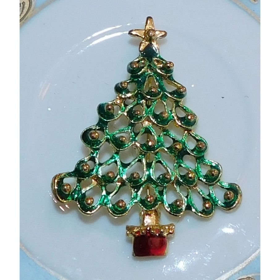 Other Vintage Green And Gold Tone Christmas Tree Brooch Size ONE SIZE - 2 Thumbnail