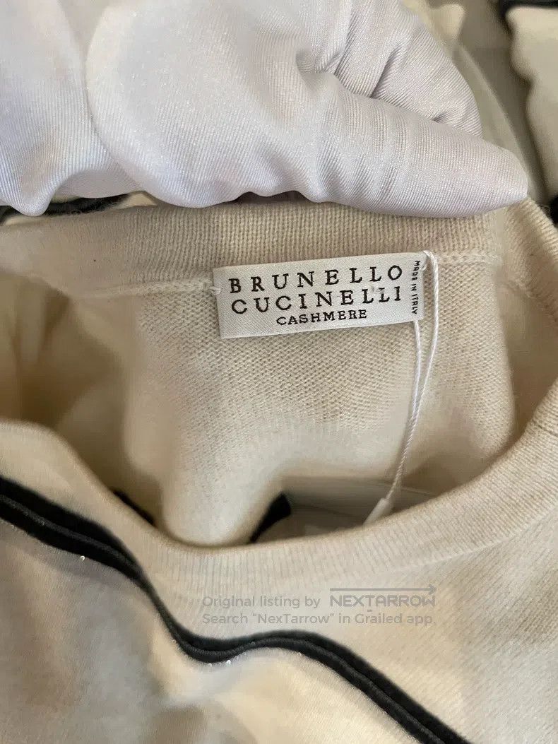 Brunello Cucinelli Brunello Cucinelli Beige Striped Beaded Cashmere Sweater Size M / US 6-8 / IT 42-44 - 6 Thumbnail