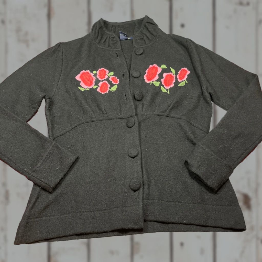Boston Proper L BLACK Wool PINK ROSES SWEATER Cardigan BUTTON High Collar Jacket Coat Size L / US 10 / IT 46 - 1 Thumbnail