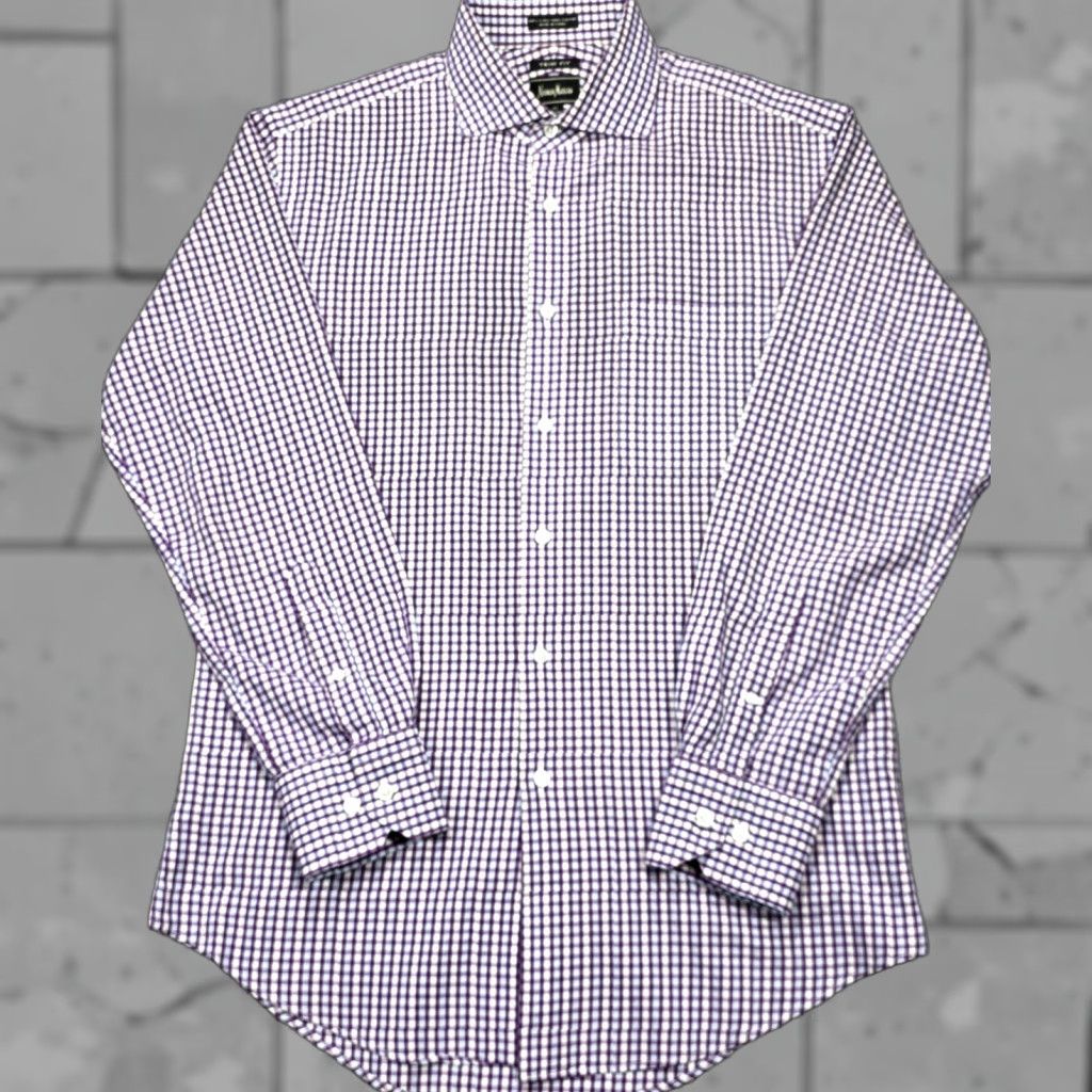 Neiman Marcus VINTAGE Neiman Marcus Mens Slim Dress Shirt Purple Plaid 15.5 32/33 Button Up Shirt Size 42R - 1 Thumbnail