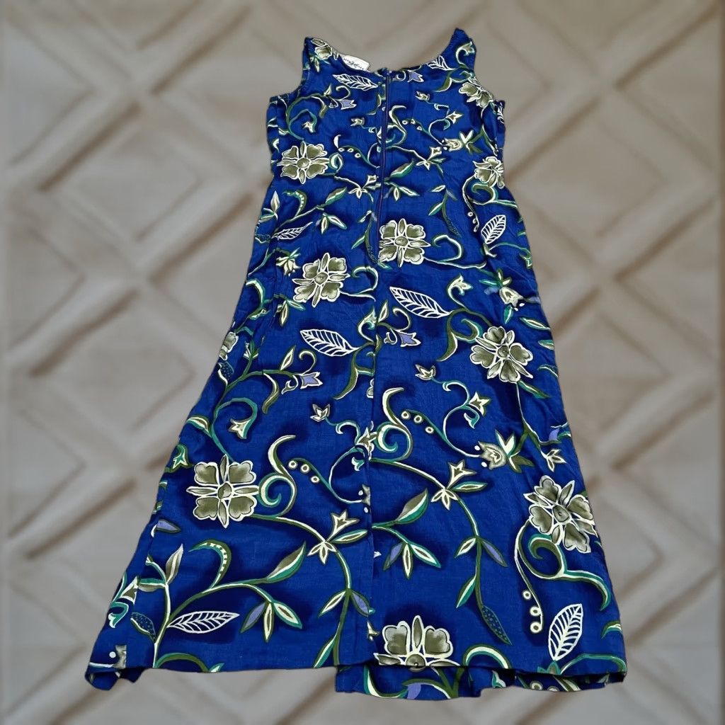 Vintage VINTAGE Studio Ease Blue Floral Midi Wrap Dress Womens 10 Sleeveless Slit Rayon Knit Strappy Sleeve 90s Bohemian Style - Mens? Women? Size L / US 10 / IT 46 - 1 Thumbnail