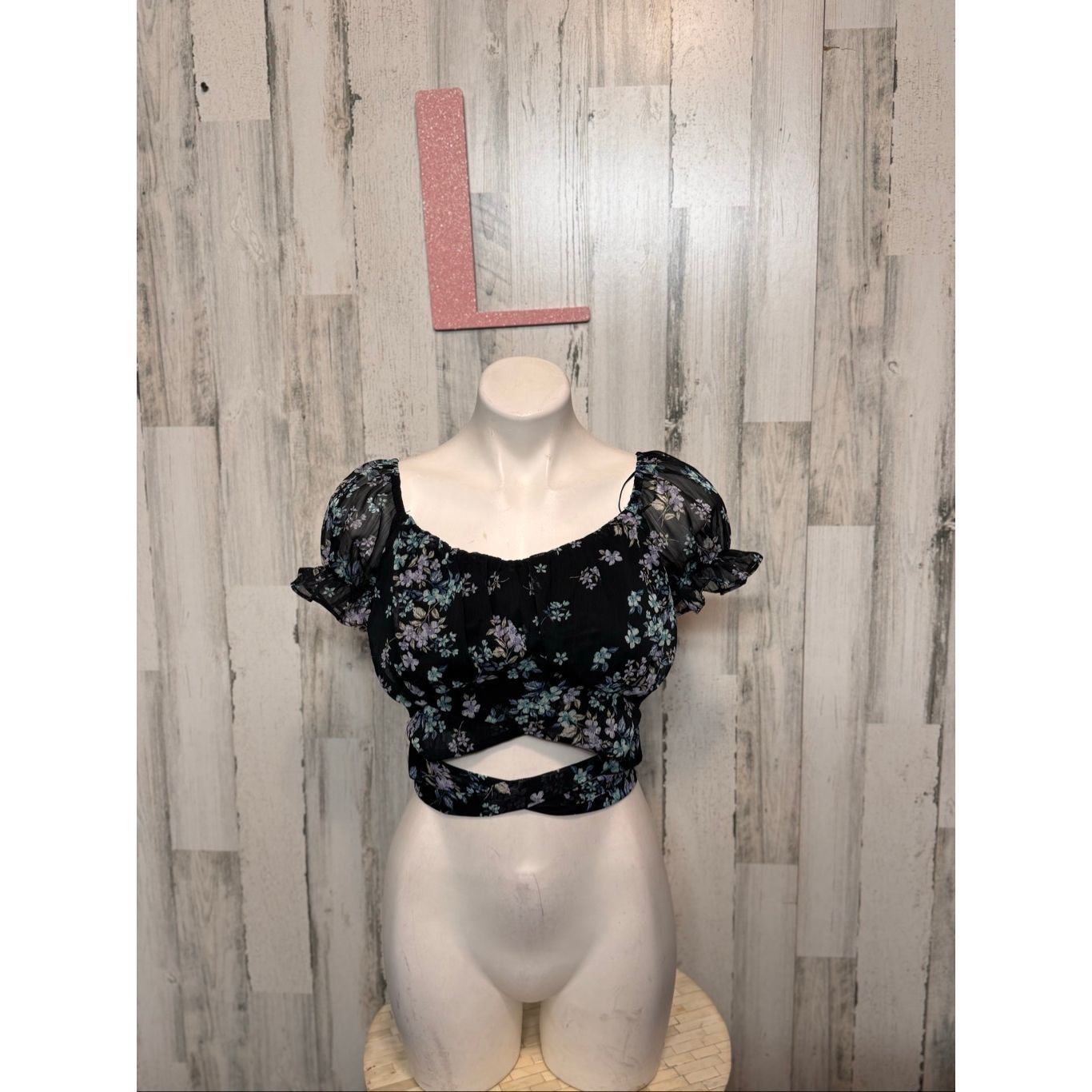 Other Love Tree Floral Puff Sleeve Wrap Crop Top Black Multi Size Size L / US 10 / IT 46 - 6 Thumbnail