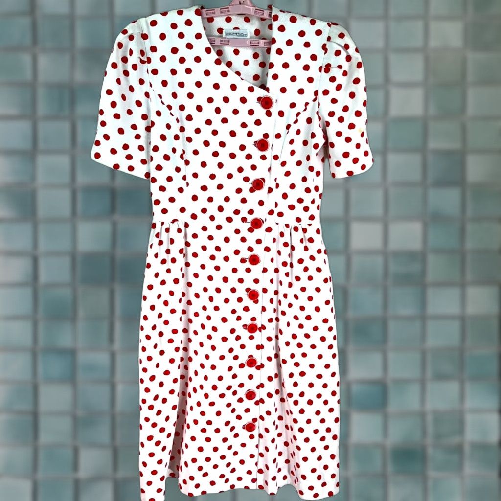 Vintage VINTAGE Joan Sparks for Daniel Barrett Red White Polka Dot Midi Dress 10 Polka Dot Pleated V-Neck Half Sleeve Womens Size L / US 10 / IT 46 - 1 Thumbnail