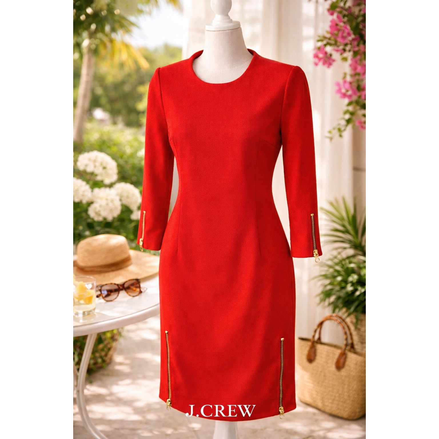 J.Crew J.Crew Red Sheath Dress Gold Zipper Detail 3/4 Sleeve Size 0 Size XS / US 0-2 / IT 36-38 - 1 Thumbnail
