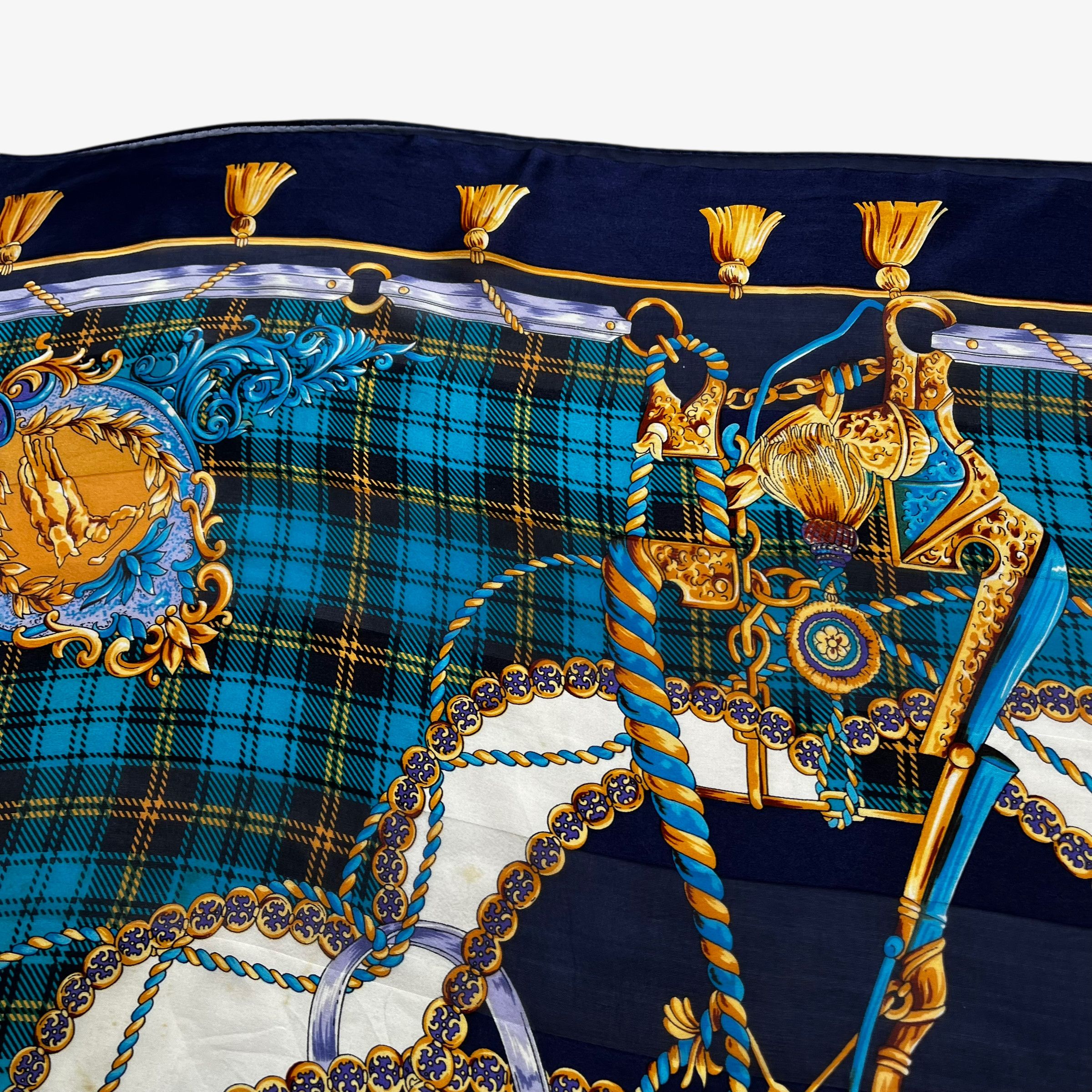 Paolo Gucci Vintage 80s Paolo Gucci Equestrian Racing Tartan Silk Scarf Size ONE SIZE - 4 Thumbnail