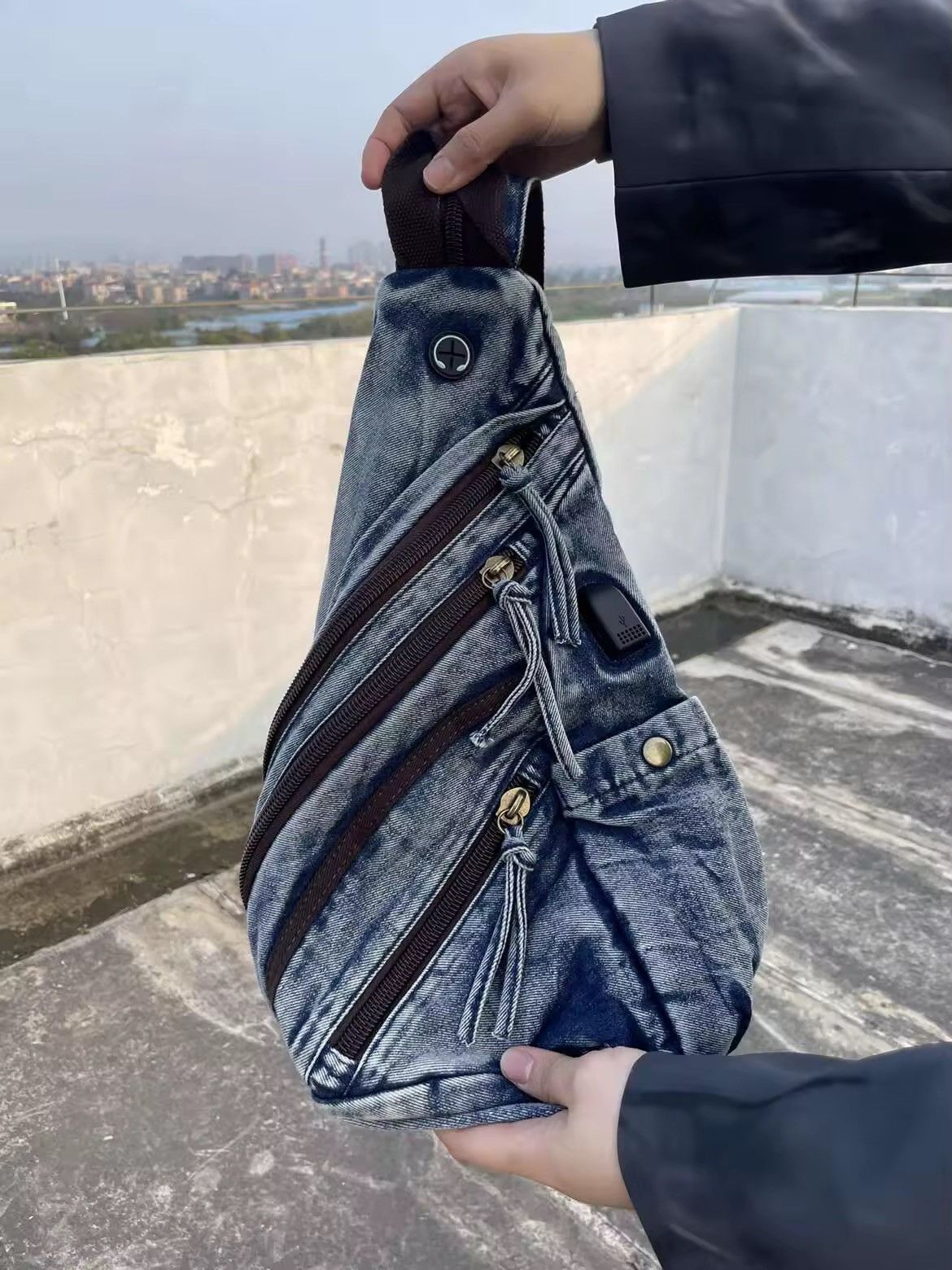 Designer Washed Y2K Capacity Blue Crossbody Motorcycle Backpack Bag Size ONE SIZE - 1 Thumbnail
