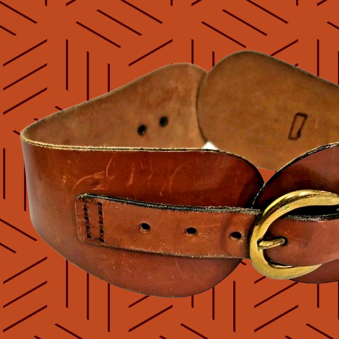 Vintage Etienne Aigner Belt Womens 26" Wide Leather Brass Handmade 60s in Brown, Women's