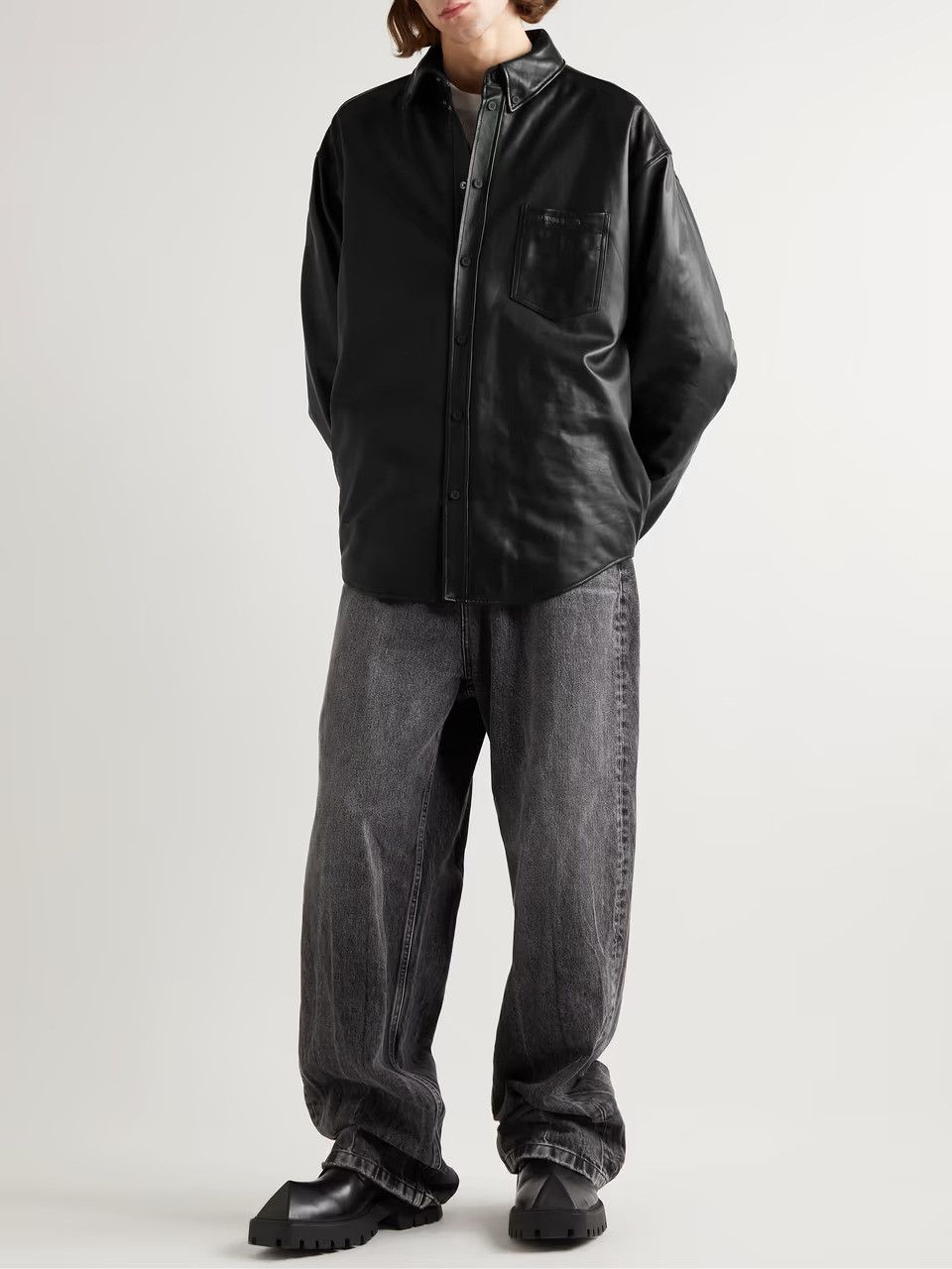 Balenciaga Black Bull Leather Padded Logo Overshirt Size US M / EU 48-50 / 2 - 2 Thumbnail