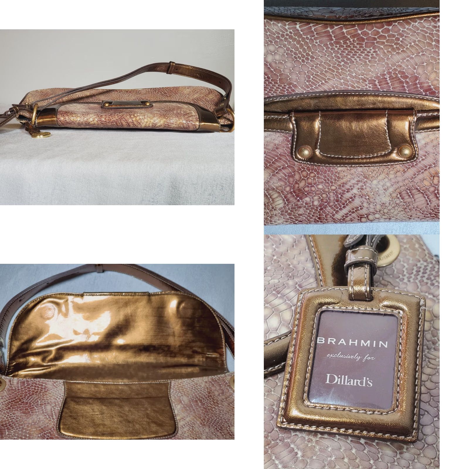 BRAHMIN VINTAGE Brahmin Simone Patent Python Wide Shoulder Bag Bronze Gold 814291BZ Dillard's Womens Bag 7 15 in Snake Rare Size ONE SIZE - 8 Thumbnail