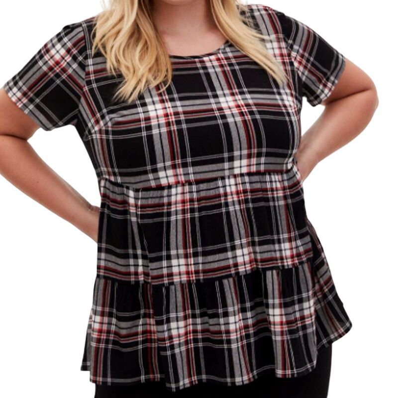 Other Torrid Rayon Crepe Tiered Top Short Sleeve Top Plaid Sz 1 Size ONE SIZE - 2 Thumbnail