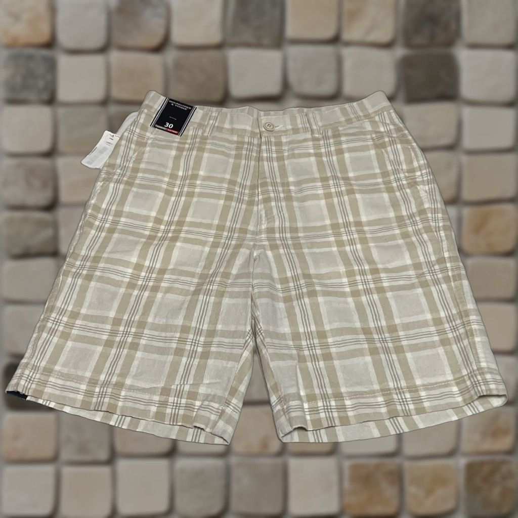 Roundtree & Yorke Roundtree & Yorke Shorts Mens 30 Plaid Linen Blend Classic Fit Flat Front Beige 9in Inseam Casual Mens Size US 30 / EU 46 - 1 Thumbnail