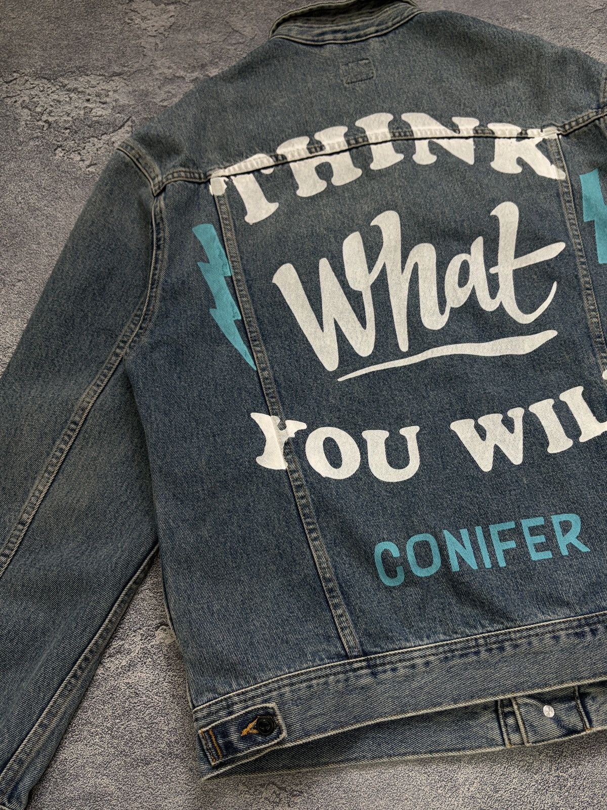 Lee Lee Denim Jacket XL Blue Graphic Print Think What You Will Size US XL / EU 56 / 4 - 12 Thumbnail