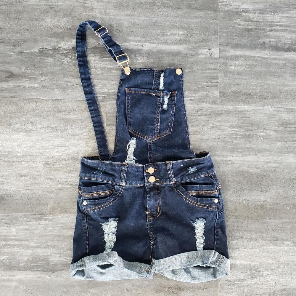 Designer Dark Denim Distressed BR Overalls Size 26" / US 2 / IT 38 - 1 Thumbnail