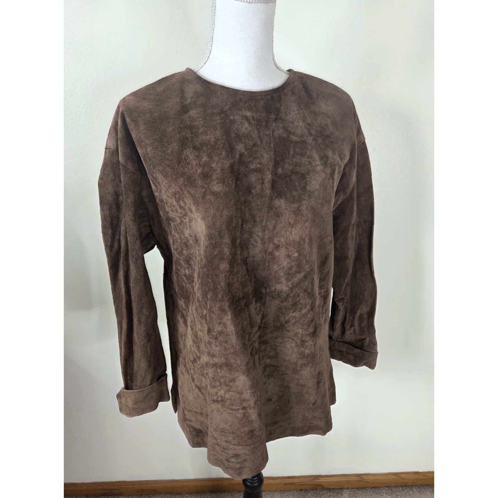 Vintage VINTAGE Brown Suede Leather Top Blouse Shirt Womens M 12 Crew Neck Long Sleeve Fall Winter 90s Women Blouse Button Size M / US 6-8 / IT 42-44 - 2 Thumbnail