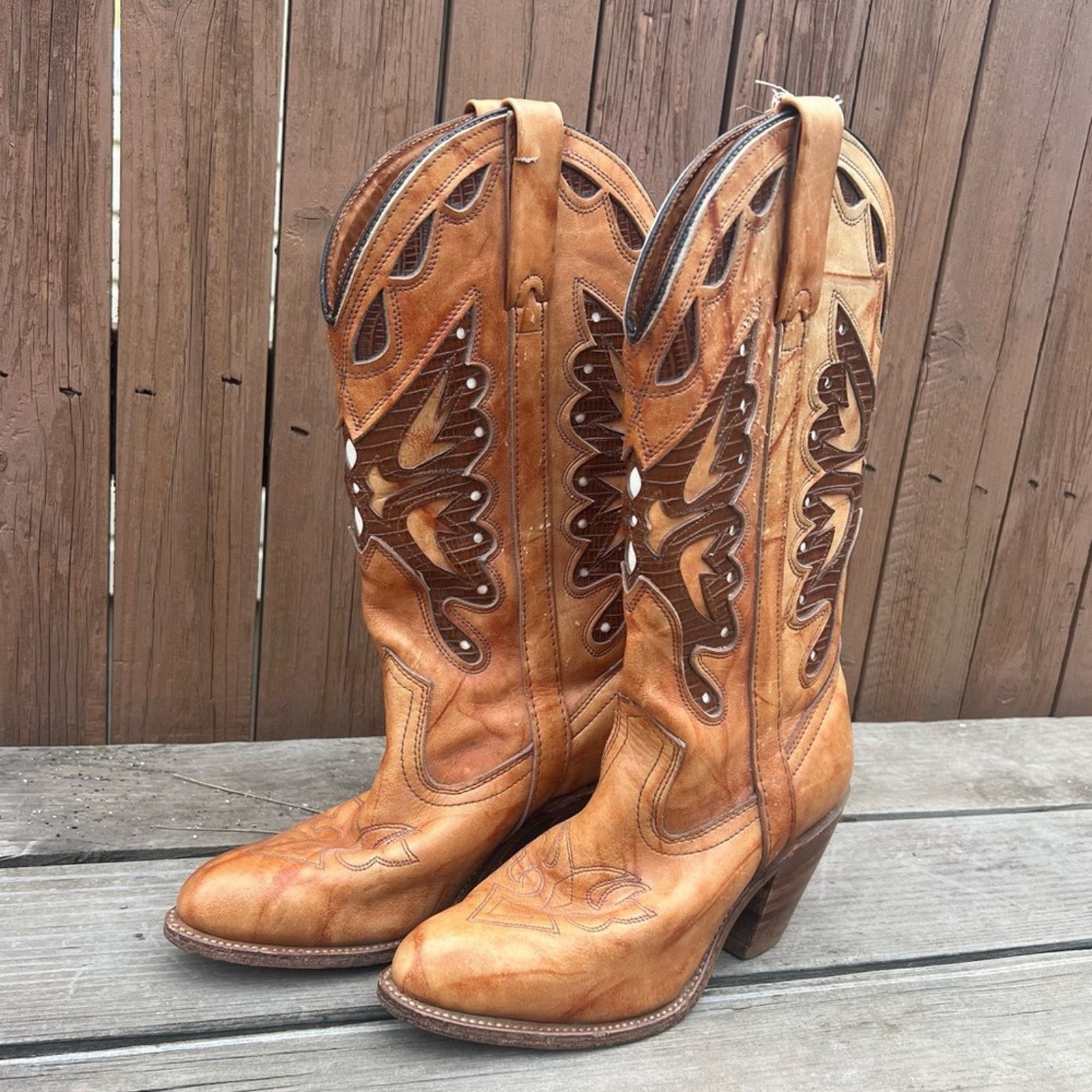 Vintage Miss Capezio Butterfly Boot stacked heel brindle tan leather Size US 7.5 / IT 37.5 - 2 Thumbnail