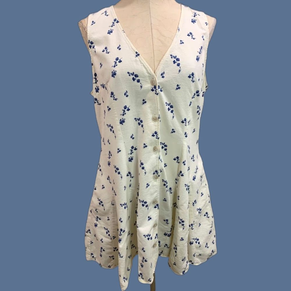 Universal Thread A-Line Sleeveless Button Up Dress Women L Ivory Blue Floral