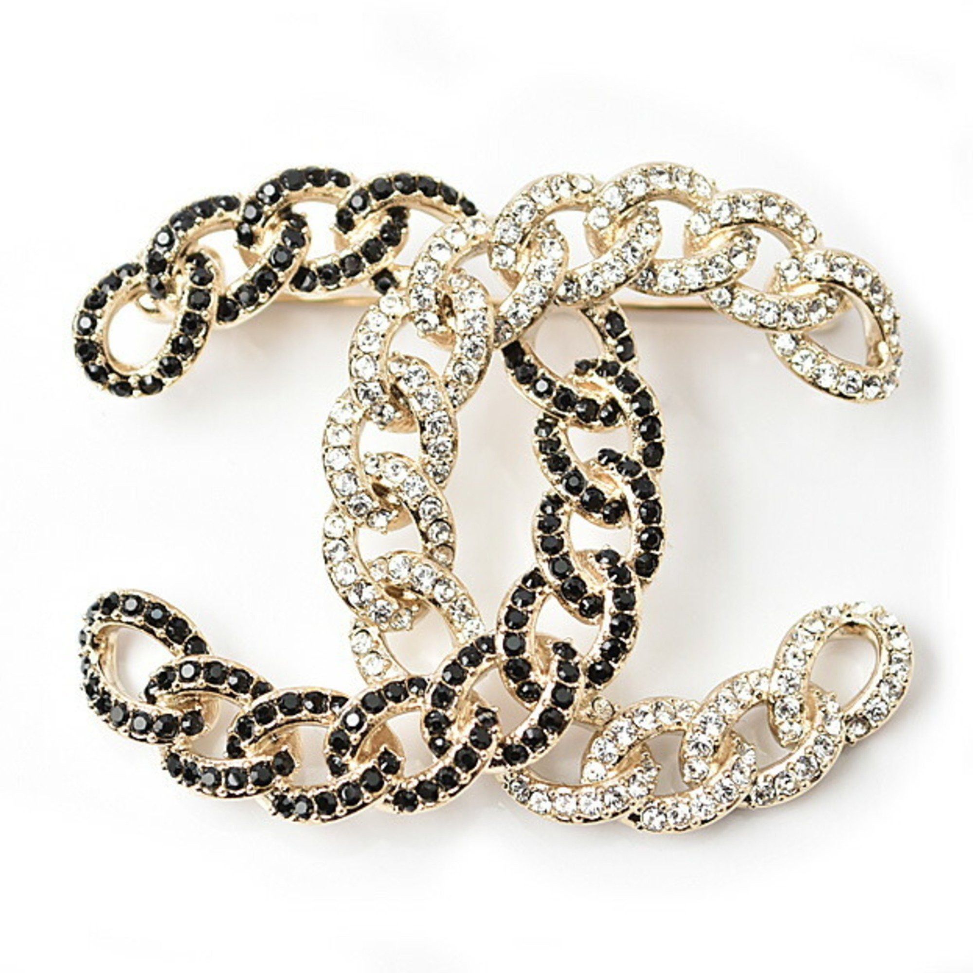 CHANEL Brooch Pin Coco Mark Rhinestone Gold Black