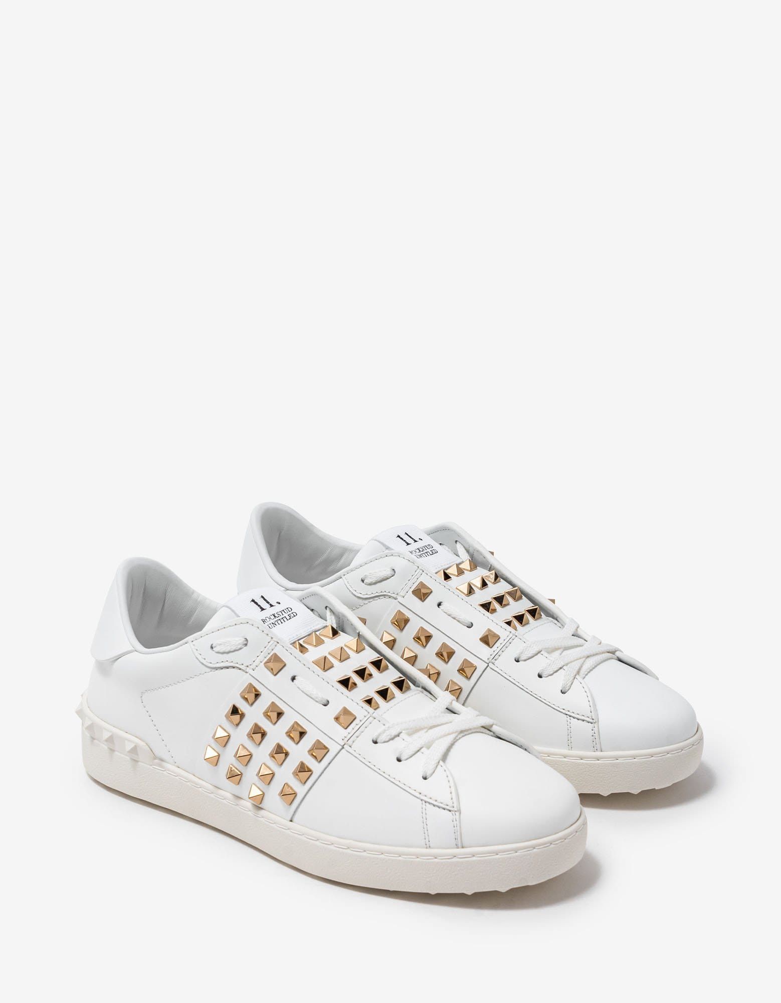 image of Valentino White & Gold Rockstud Untitled Trainers Shoes, Men's (Size 12)