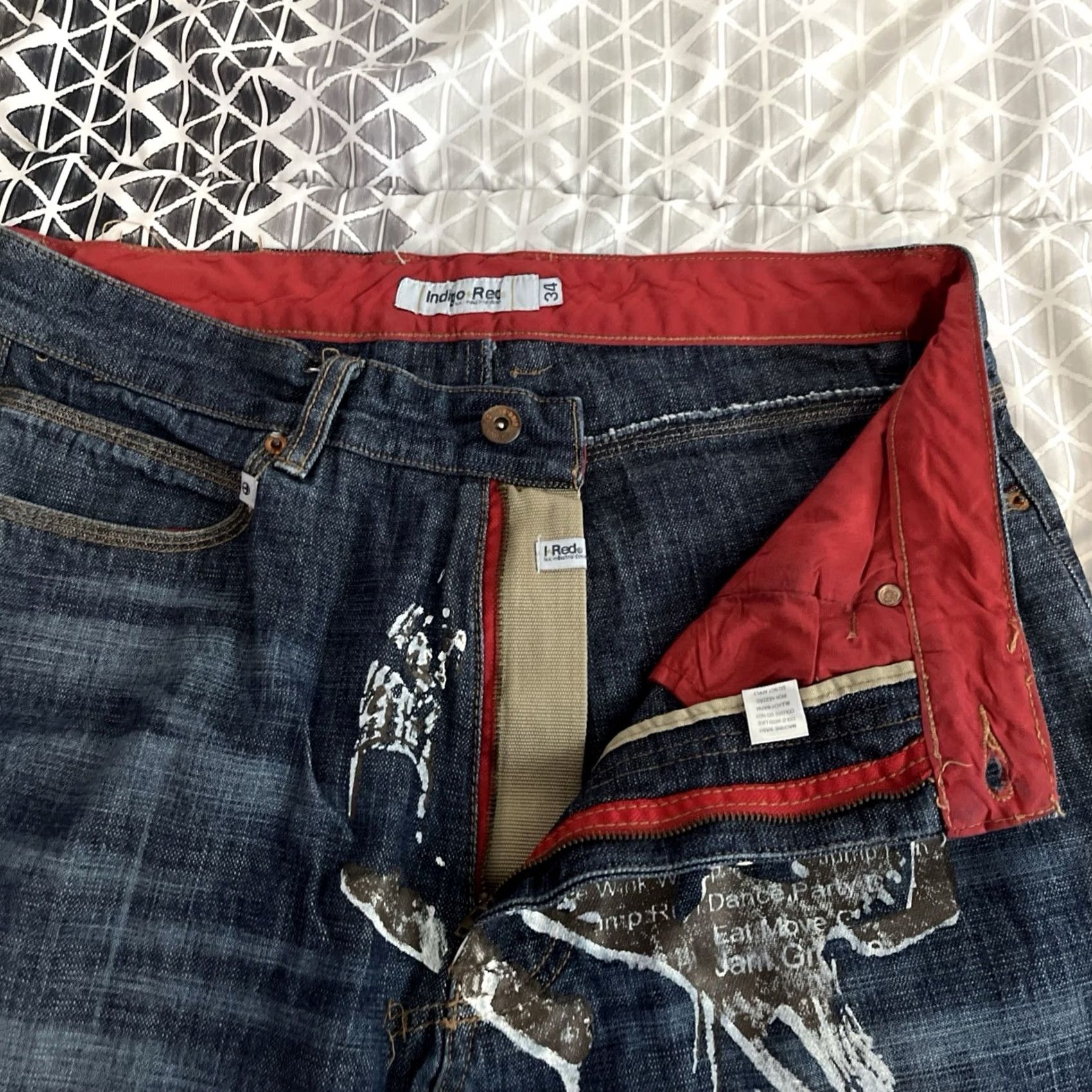 VINTAGE Indigo Red Jeans Mens 34x34 Baggy Denim Hip Hop Dancers 