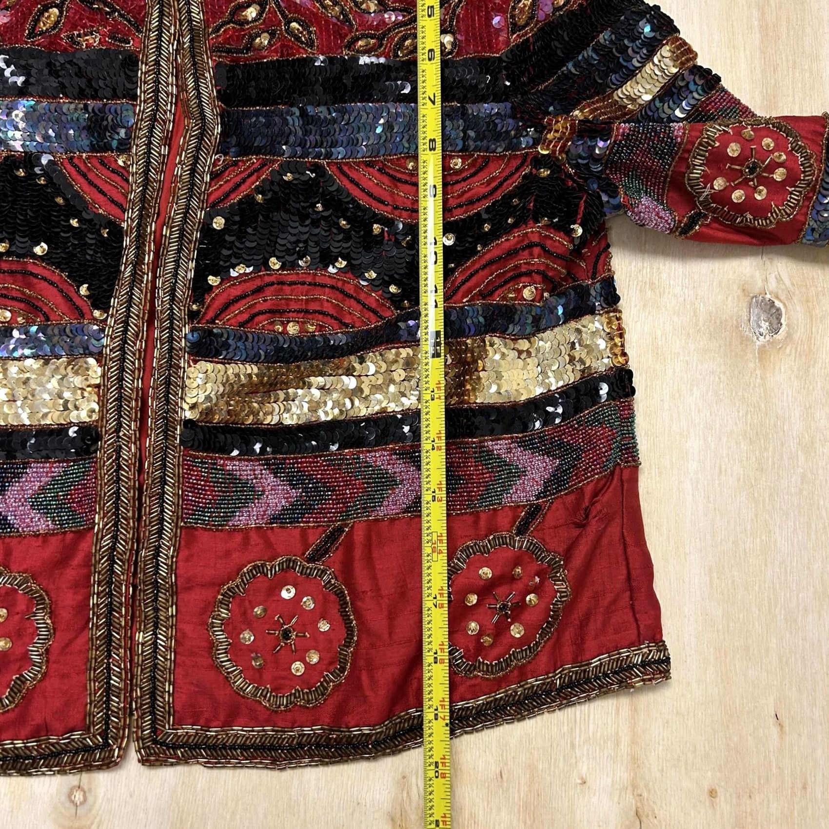 Vintage Boho Embellished Jacket Womens Medium Red Beaded Sequin Satin Open Front Size M / US 6-8 / IT 42-44 - 4 Thumbnail
