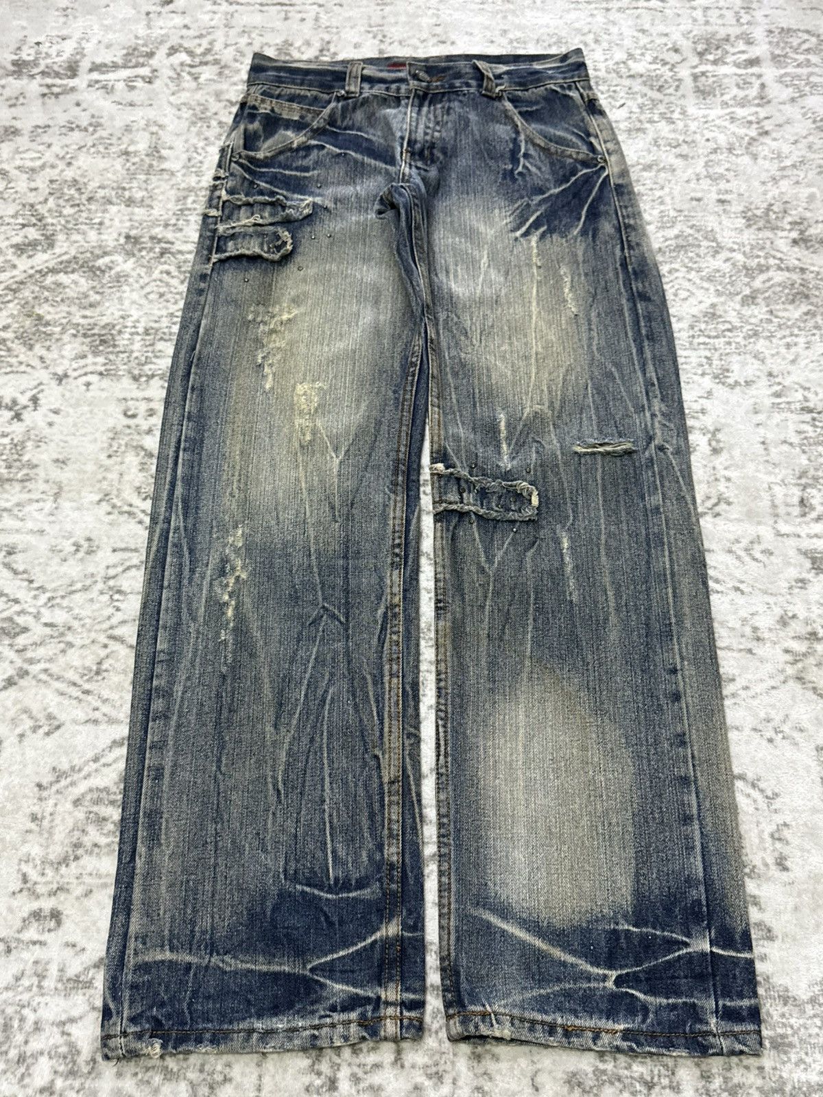 Japanese Brand Euro Eagle Patchwork Distressed Studded Loose Jeans Size US 30 / EU 46 - 1 Thumbnail