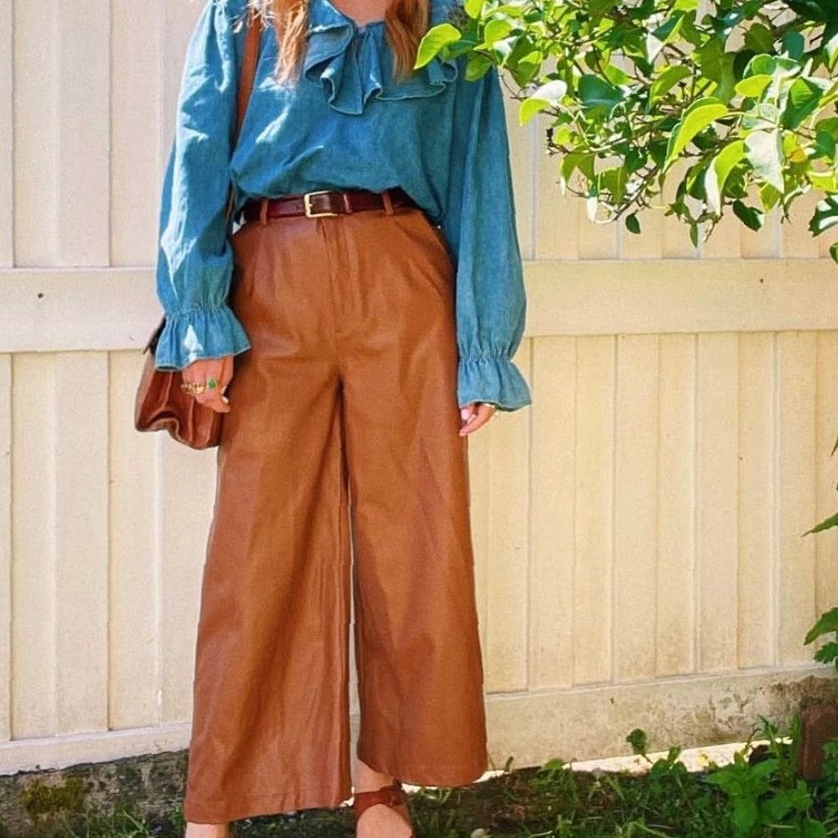 Forever 21 Forever 21 Camel Tan Faux Leather High Rise Wide Leg Pants Women's L Dress Pants Size 36" / US 14 / IT 50 - 5 Thumbnail