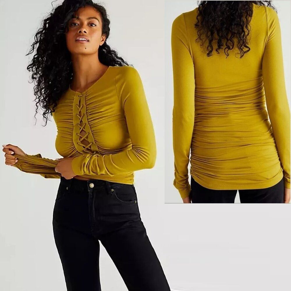 Free People New Free People Bella Lace-Up Long Sleeve Olive Tunic Dress Size XS / US 0-2 / IT 36-38 - 1 Thumbnail