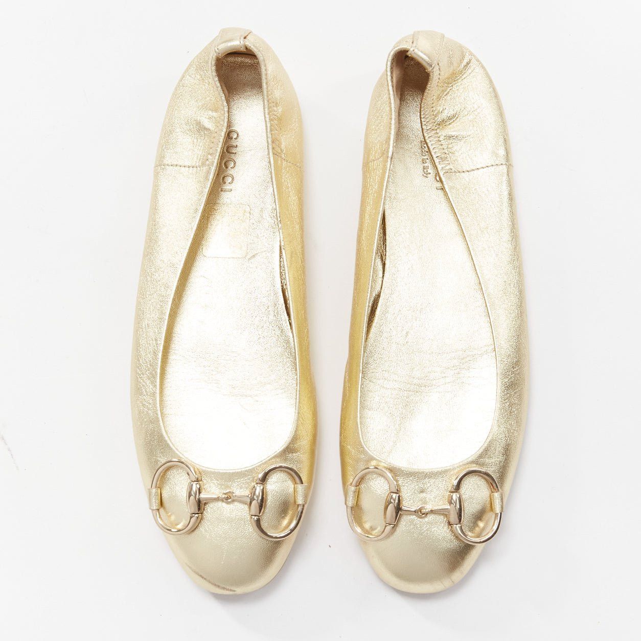 Gucci GUCCI metallic light gold Horsebit buckle round toe ballerina flats EU36 Size US 6 / IT 36 - 1 Thumbnail