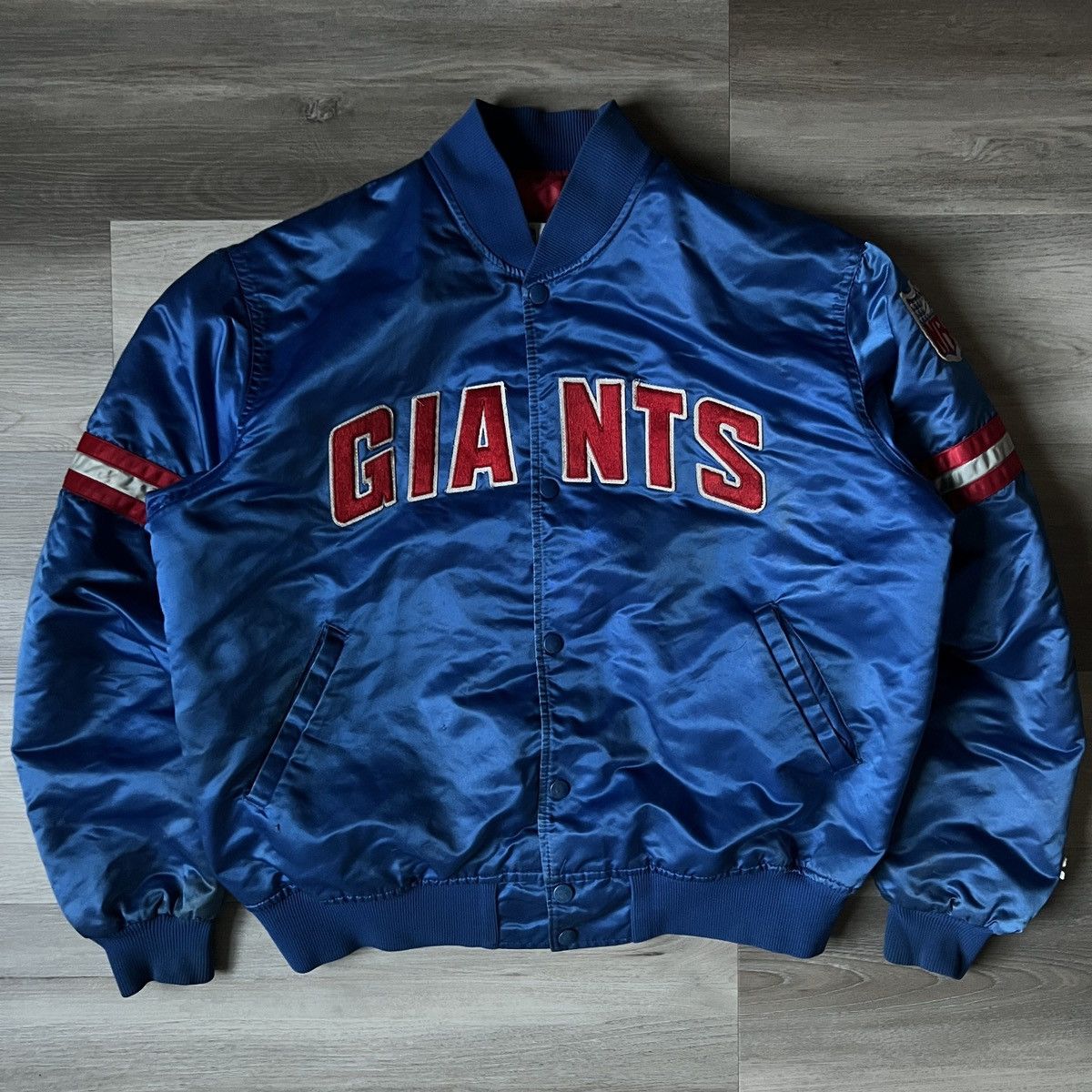 image of Nfl x Starter Vintage 80's New York Giants Satin Bomber Jacket in Blue/Red, Men's (Size Large)