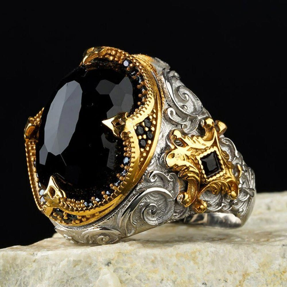 Designer Men's 925 Sterling Silver Black Diamond Handmade Ring Size ONE SIZE - 1 Thumbnail