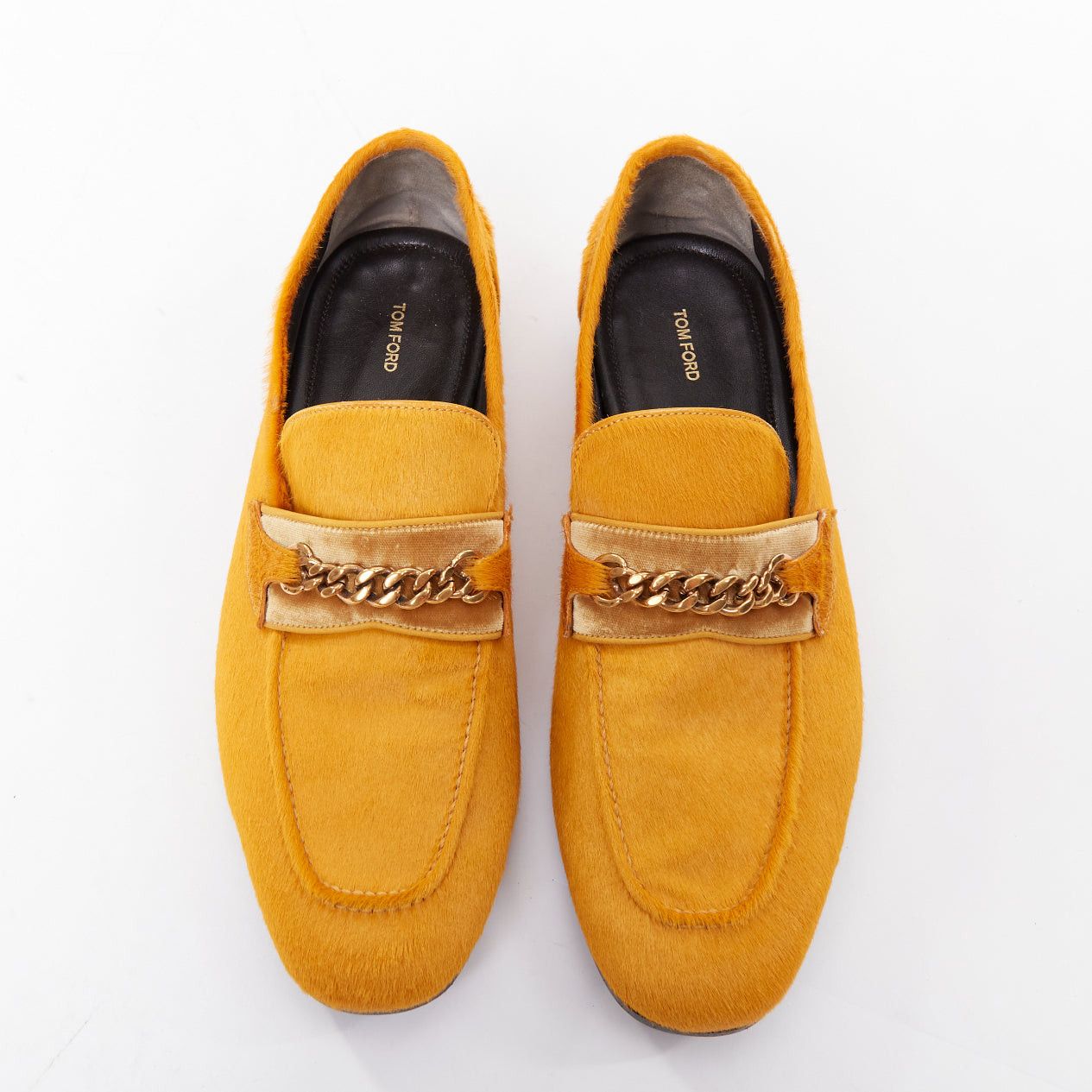 TOM FORD mustard yellow calf hair gold chain velvet moccasin loafers UK8 EU42